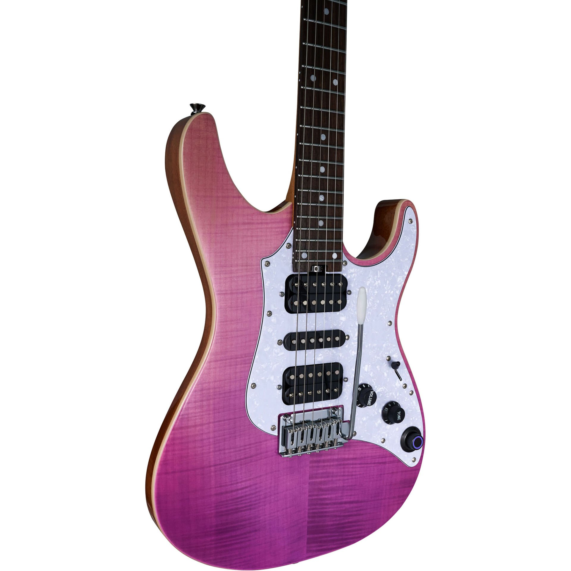 Beyaz pena korumalı ve siyah manyetikli pembe elektro gitar.