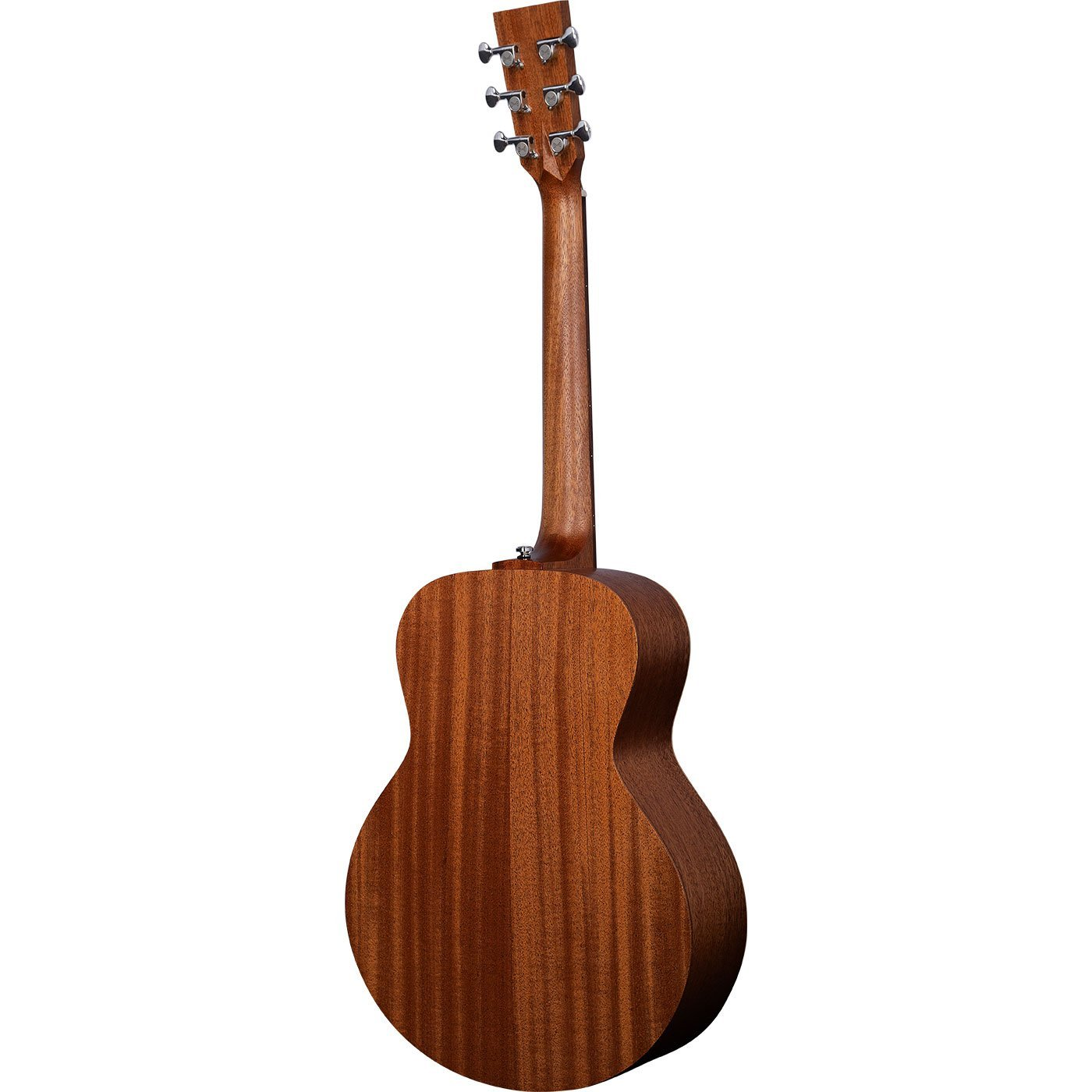 Altı telli, gümüş akort burgulu kahverengi akustik gitarın arka görünümü.