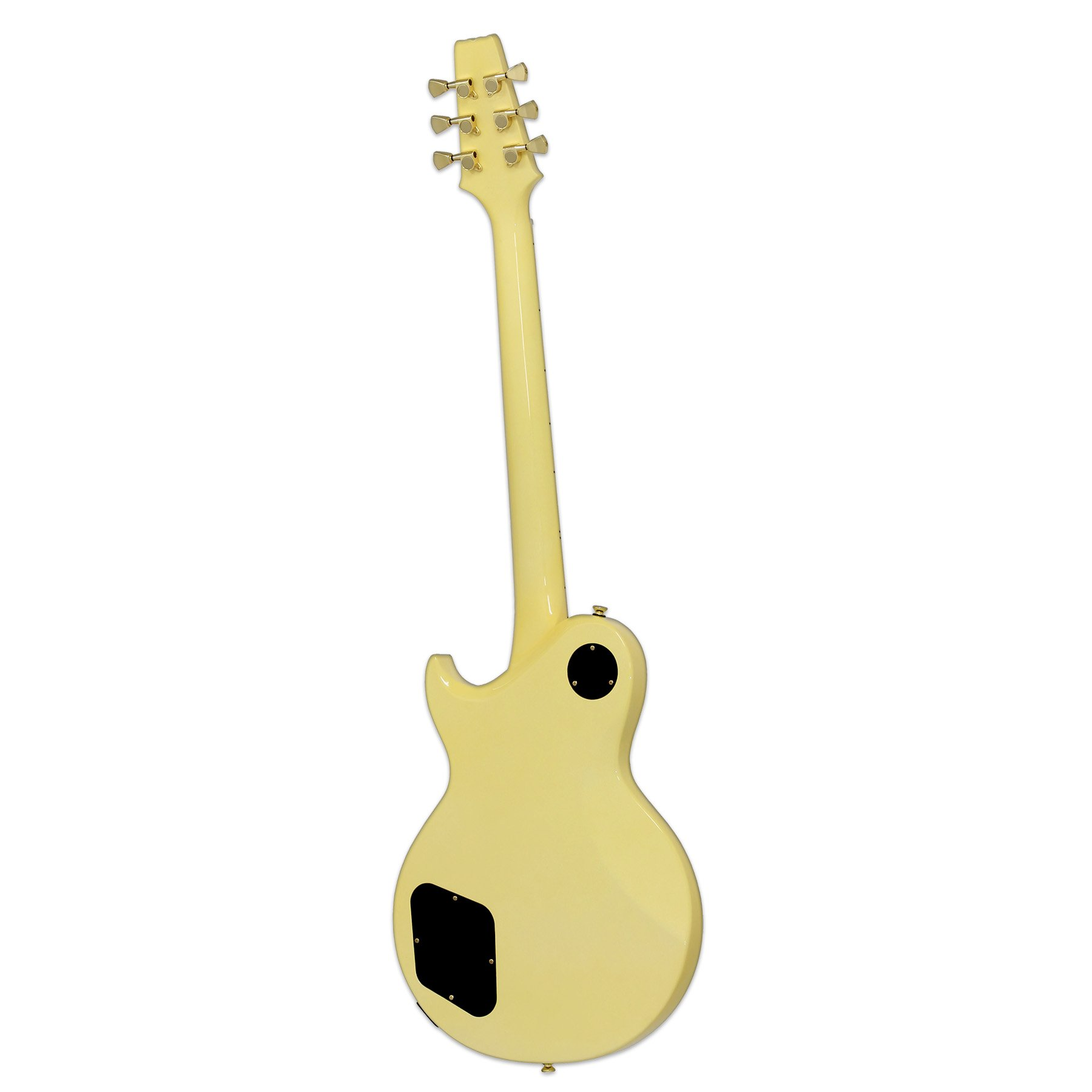 Altın akort burgulu, krem rengi elektro gitar sapı ve siyah manyetik kapakları.