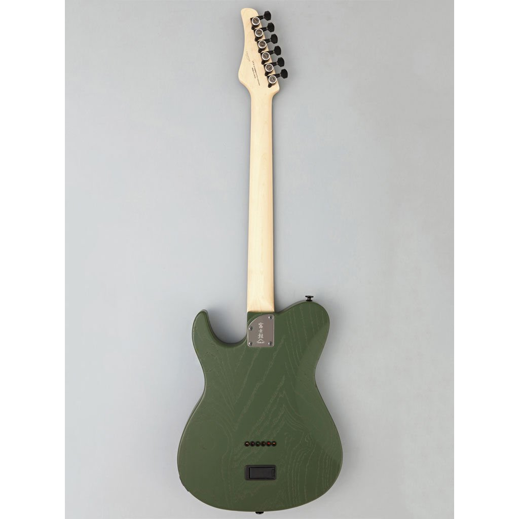 Yeşil elektro gitar, arka görünüm, açık renk ahşap sap ve siyah akort burguları.