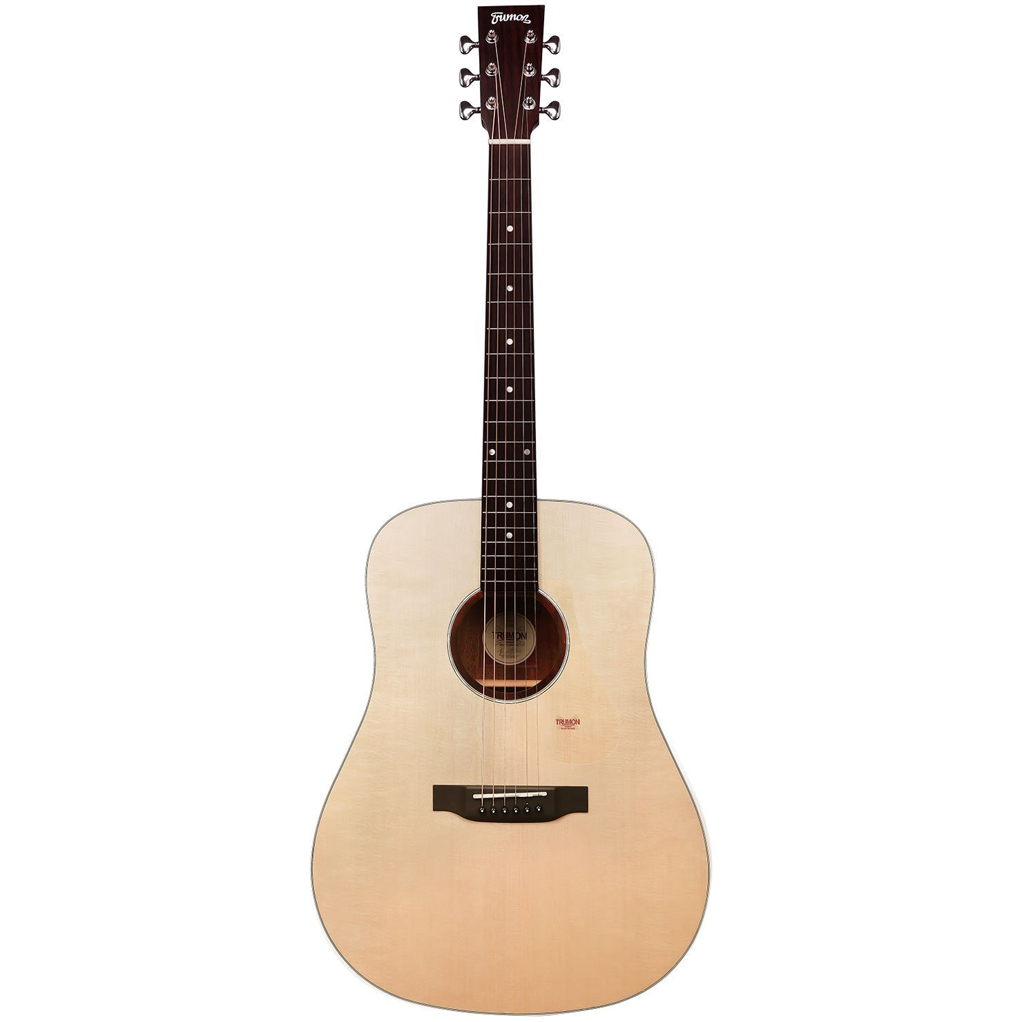 Koyu klavyeli ve gümüş burgulu açık renkli akustik gitar ortalanmış.