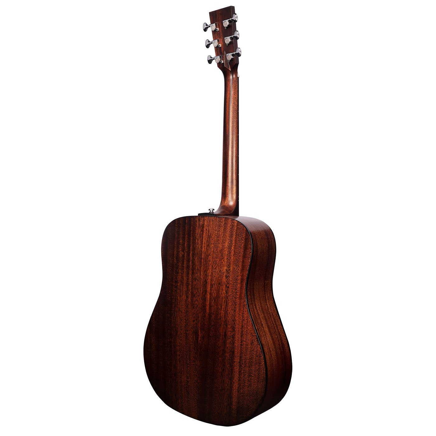 Gümüş akort burgulu, koyu ahşap akustik gitaranın arka görünümü.