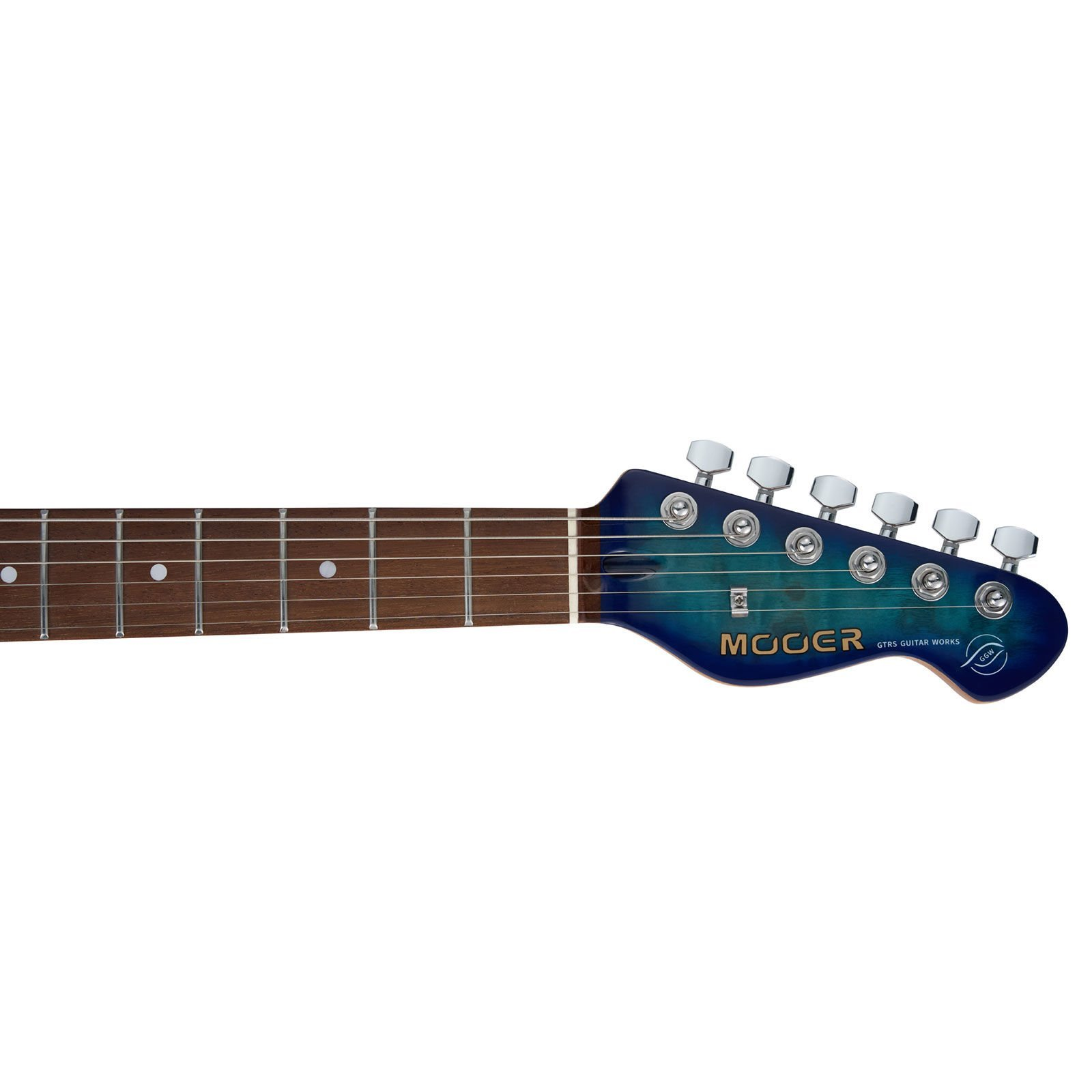 Altı akort burgusu ve logolu mavi elektrik gitar sapı başlığı.