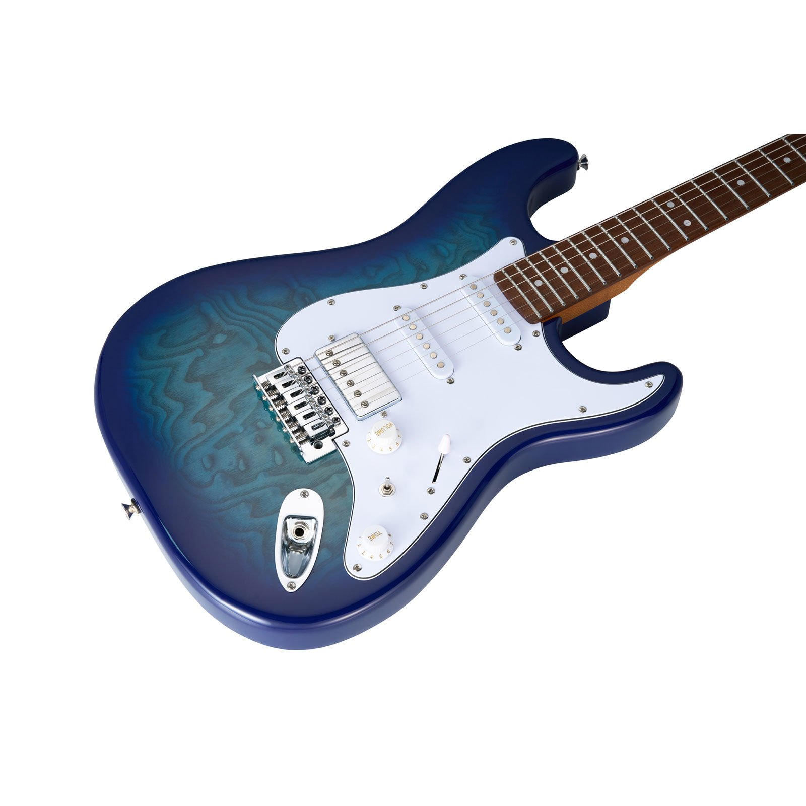Beyaz pena korumalı ve krom donanımlı mavi elektro gitar.
