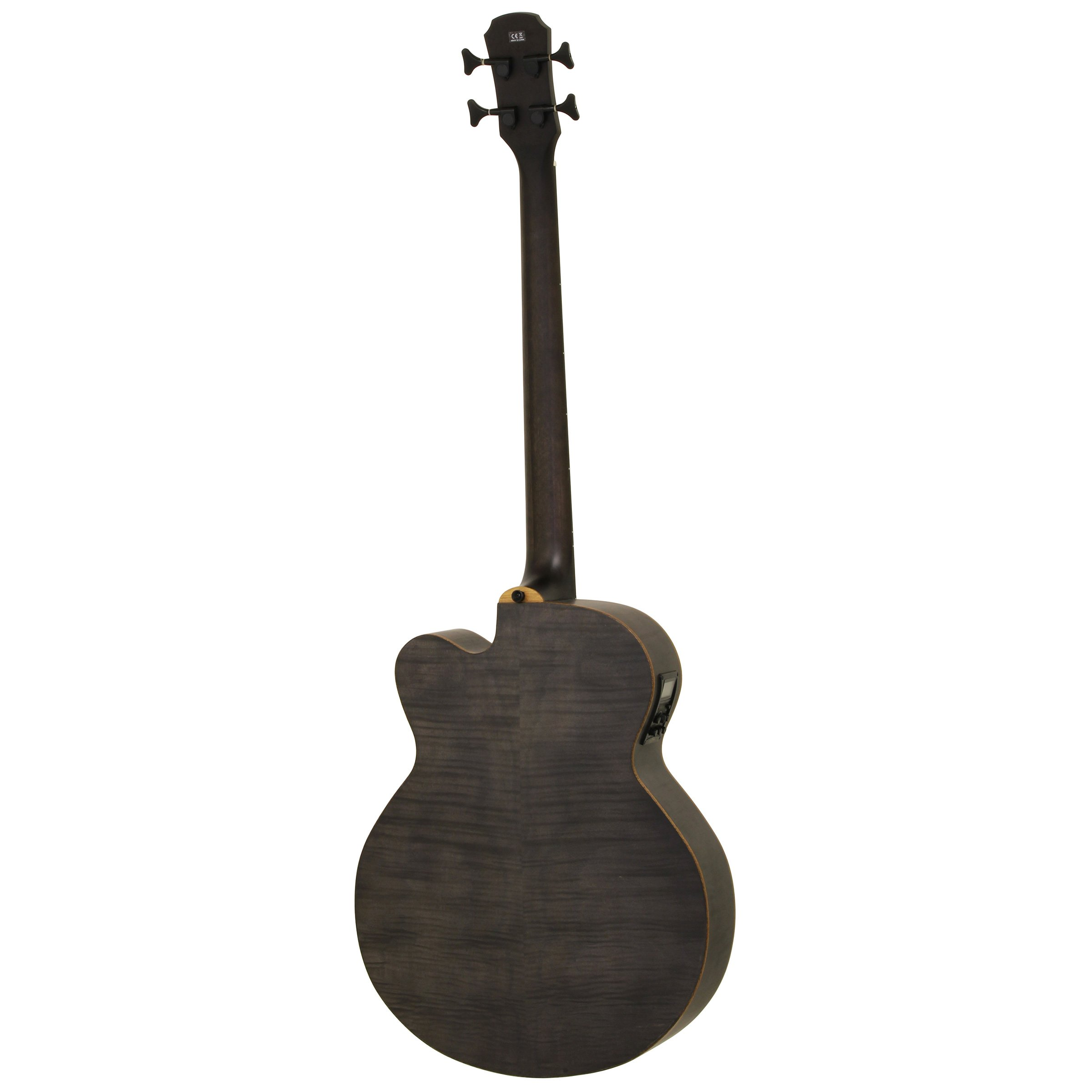 Dört telli, oyuk gövdeli, elektronikali koyu gri akustik bas gitar, arkadan görünüm.