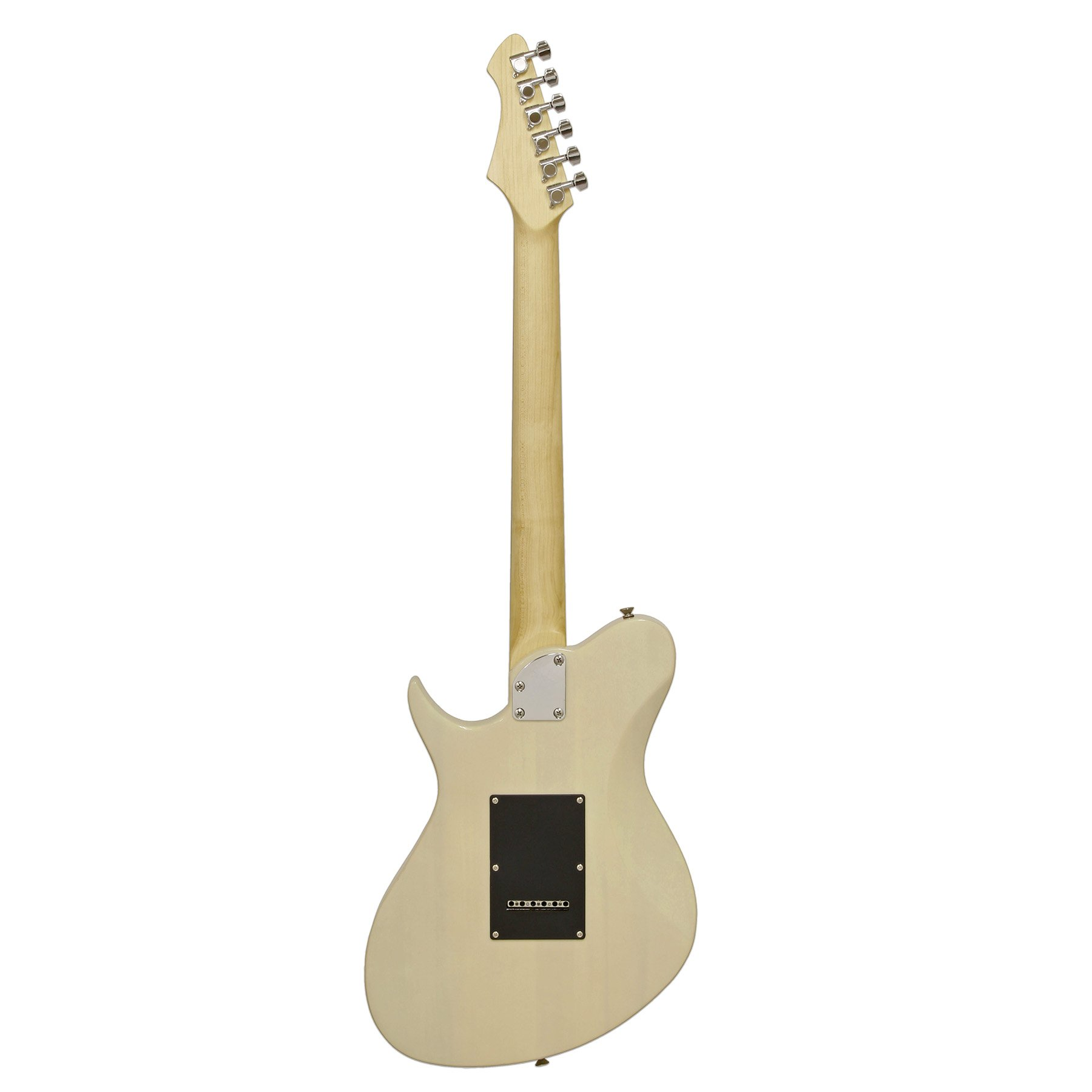 Gümüş akort burgulu, siyah kapaklı, açık bej elektro gitarın arka görünümü.