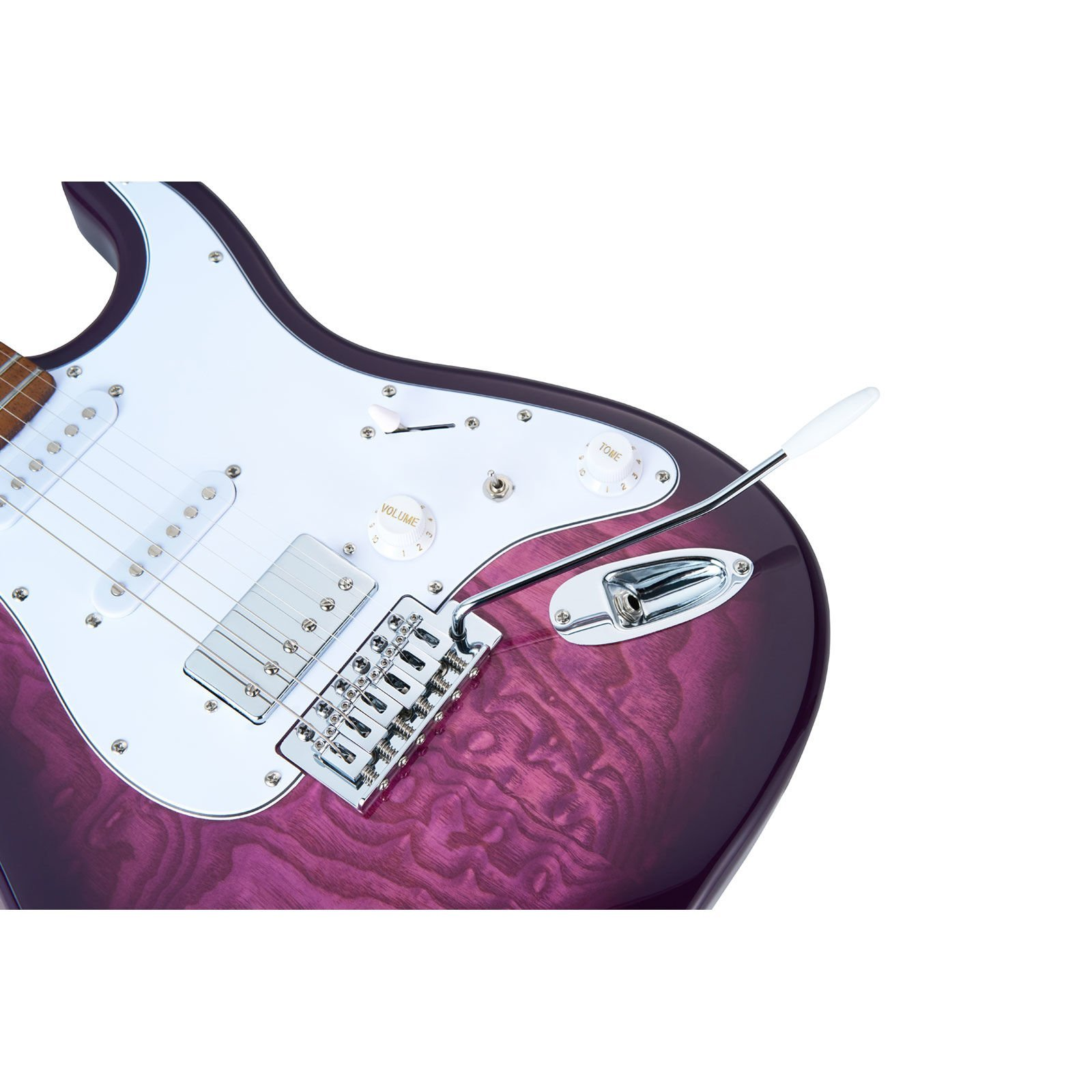 Beyaz düğmeli, krom donanımlı mor elektrik gitar gövdesi.