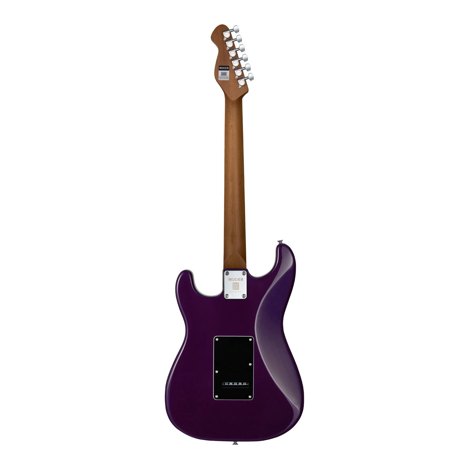 Mor elektrik gitar, arka görünüm, ahşap sap, altı gümüş akort burgusu.