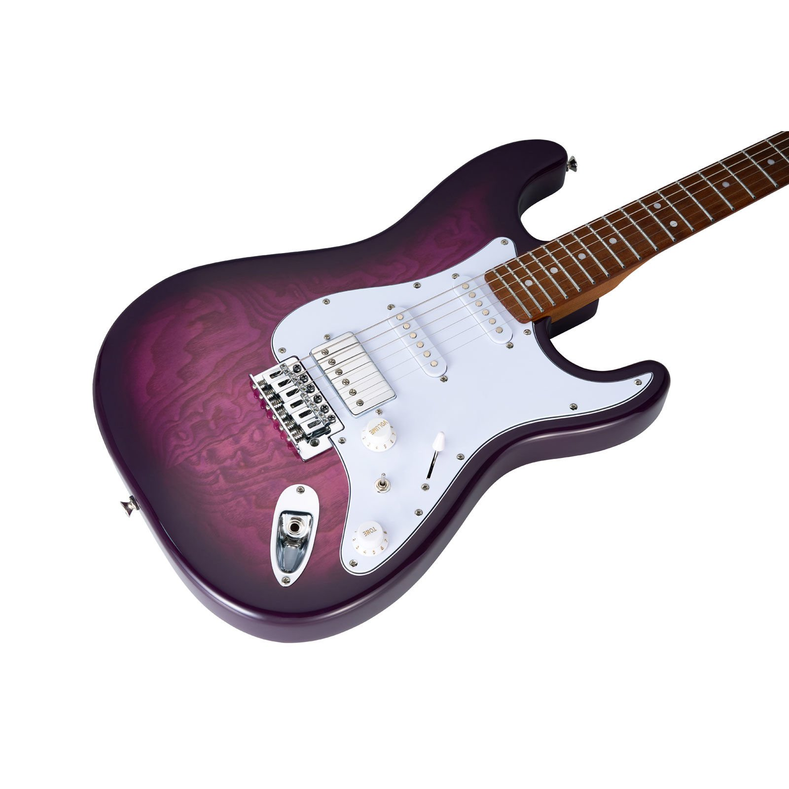 Beyaz pena korumalı ve gümüş donanımlı mor elektrik gitar.