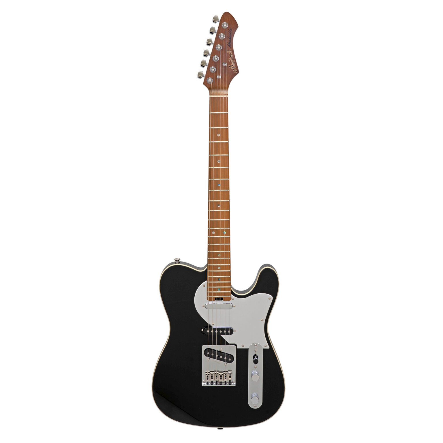 Gümüş pena korumalı, kahverengi saplı siyah elektro gitar.