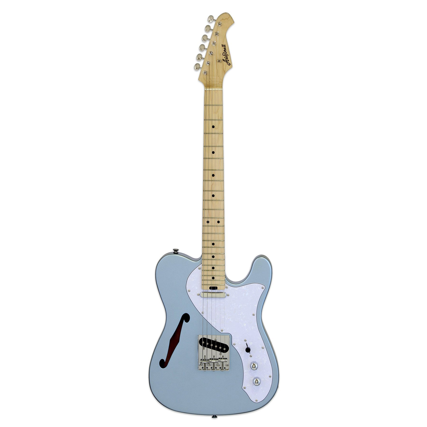 Beyaz pena korumalı ve f-deliği olan açık mavi elektro gitar.