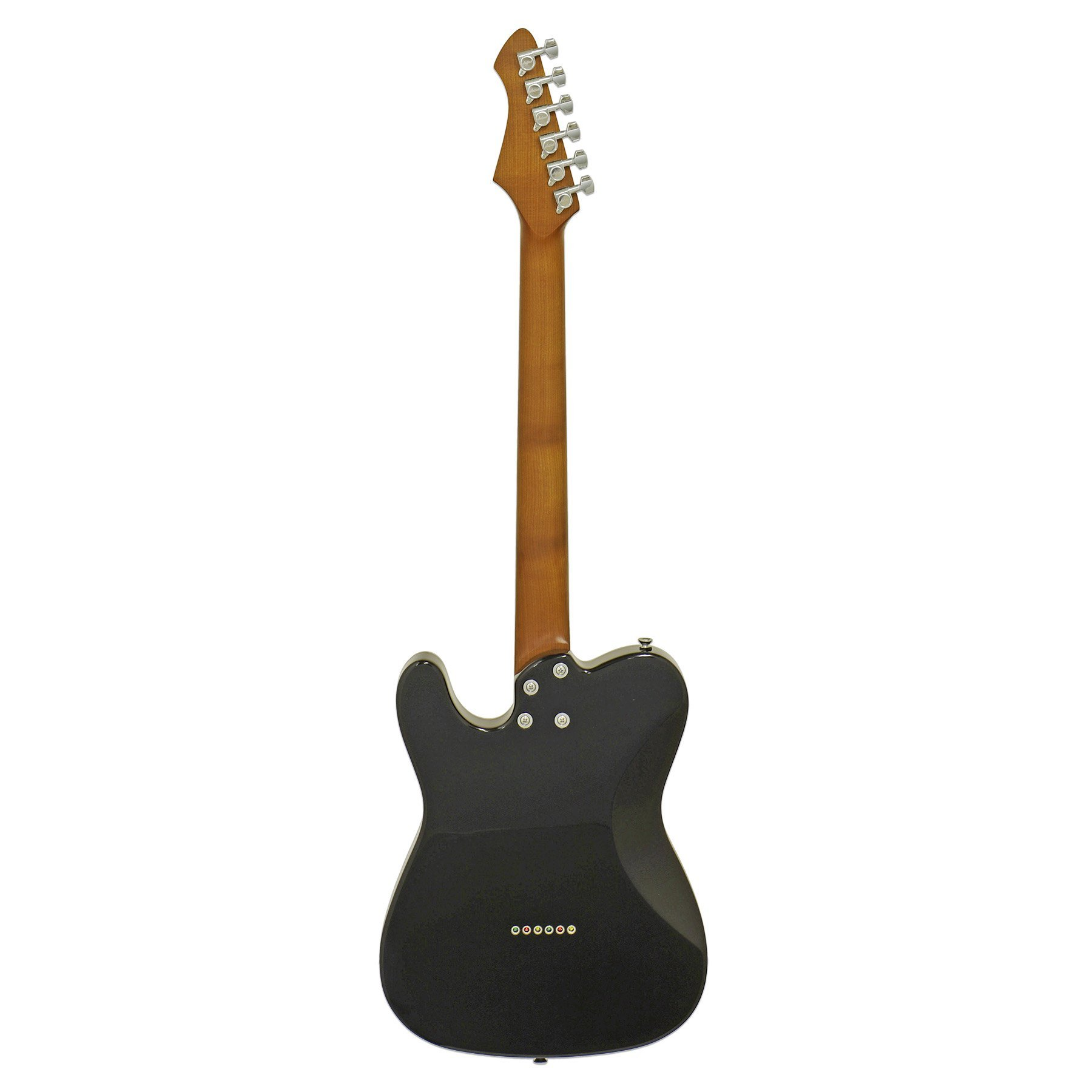 Siyah elektro gitar arkadan görünüm, kahverengi sap ve gümüş akort burguları.