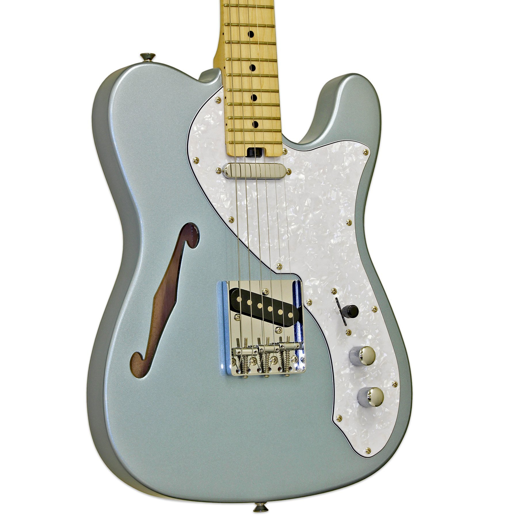 Gümüş renkli, F-deli, beyaz pena korumalı ve krom donanımlı elektro gitar.