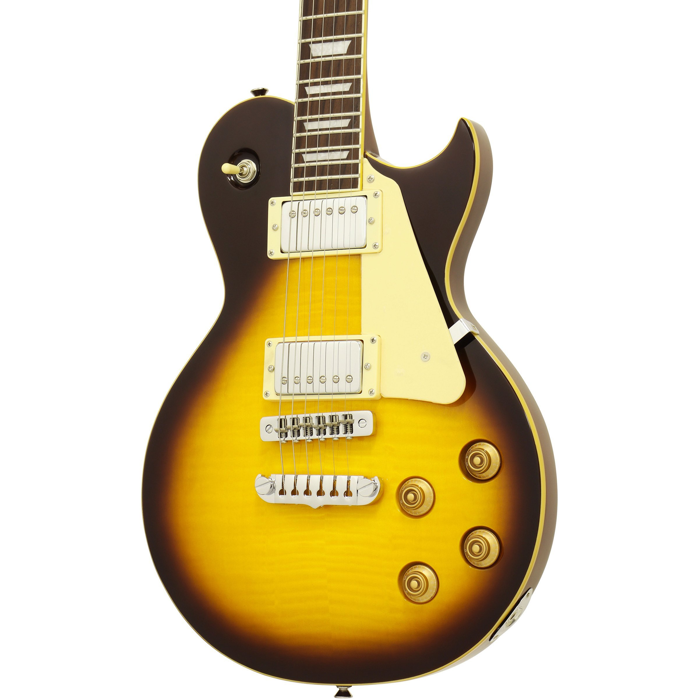 Sunburst kaplamalı, krom donanımlı elektro gitar.