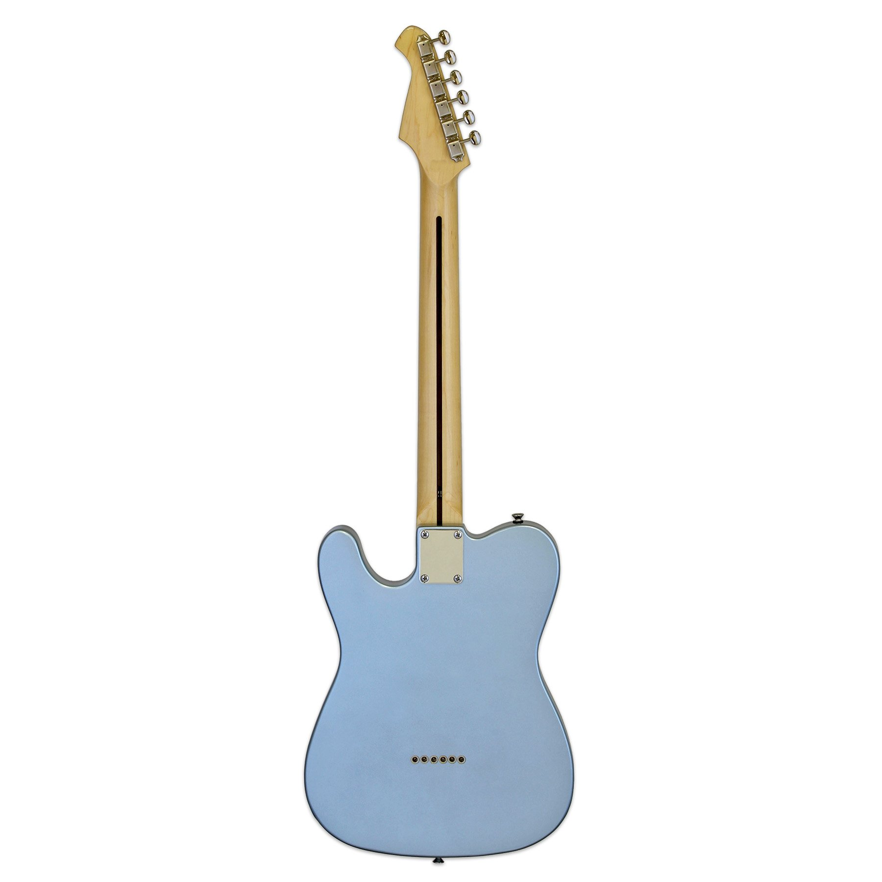 Açık mavi elektro gitar, açık ahşap sap ve gümüş burgular.