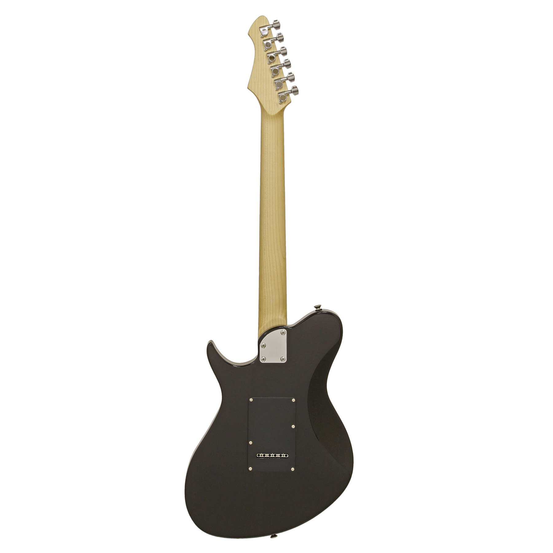 Arkadan gorunen, acik ahsap sapli ve gumus burgulu siyah elektro gitar.