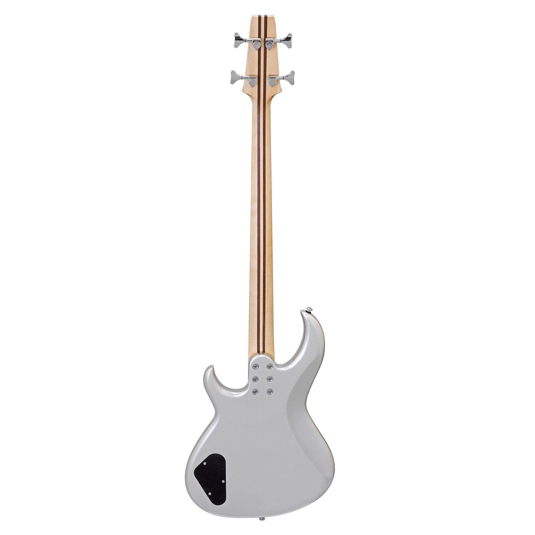 Açık renkli ve koyu çizgili sapı olan gümüş bas gitarın arka görünümü.