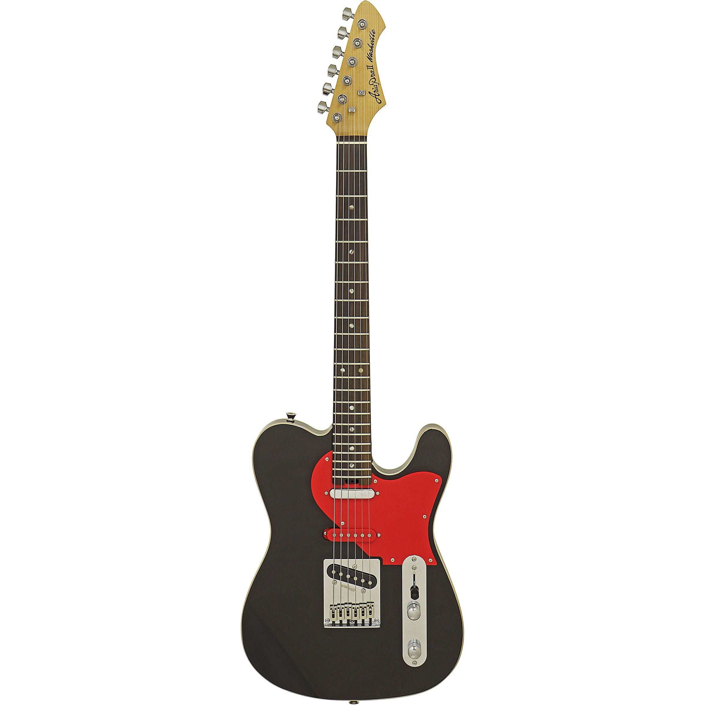 Kırmızı pena korumalı ve gümüş donanımlı siyah elektro gitar.