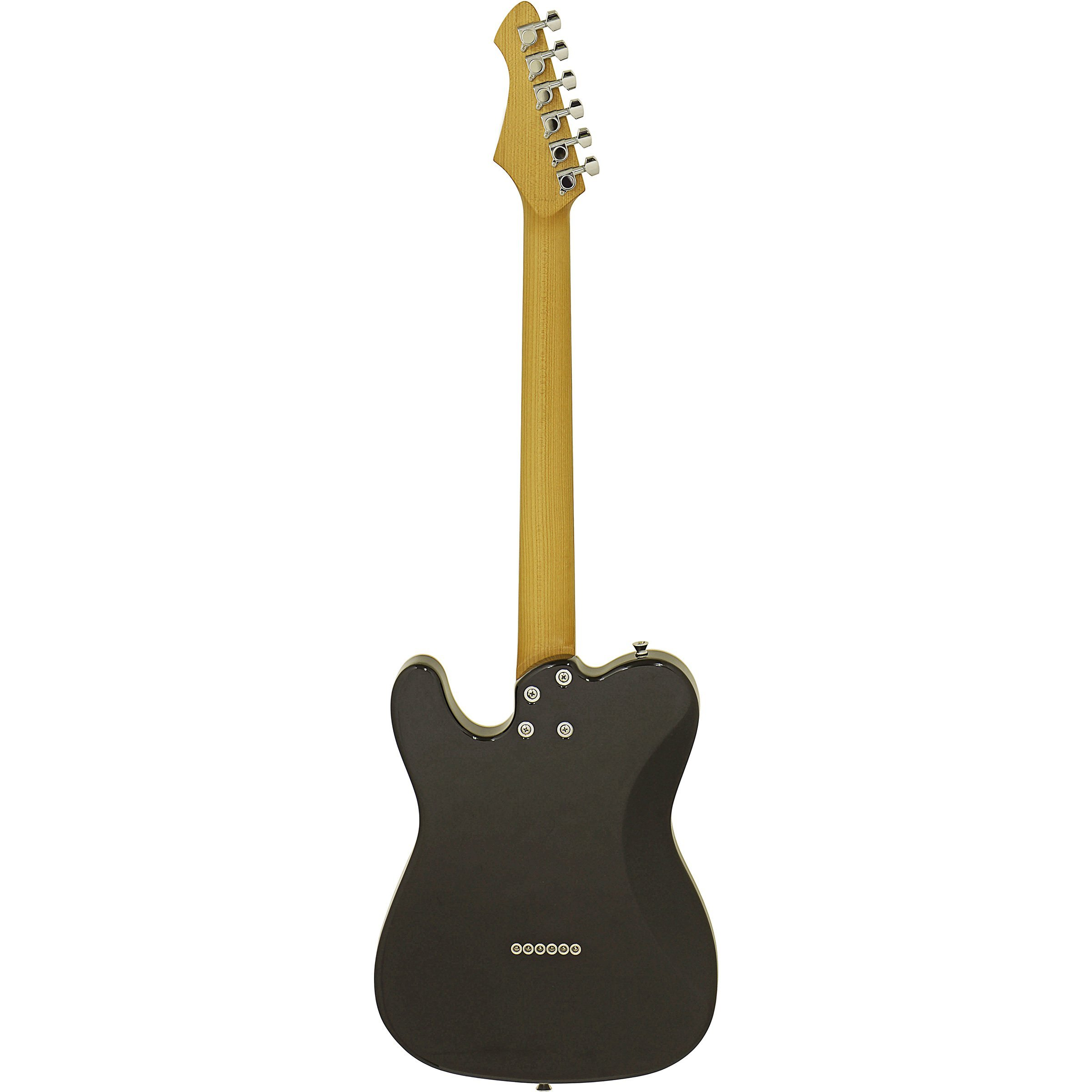 Açık ahşap sapa ve gümüş burgulara sahip koyu renkli elektro gitarın arka görünümü.