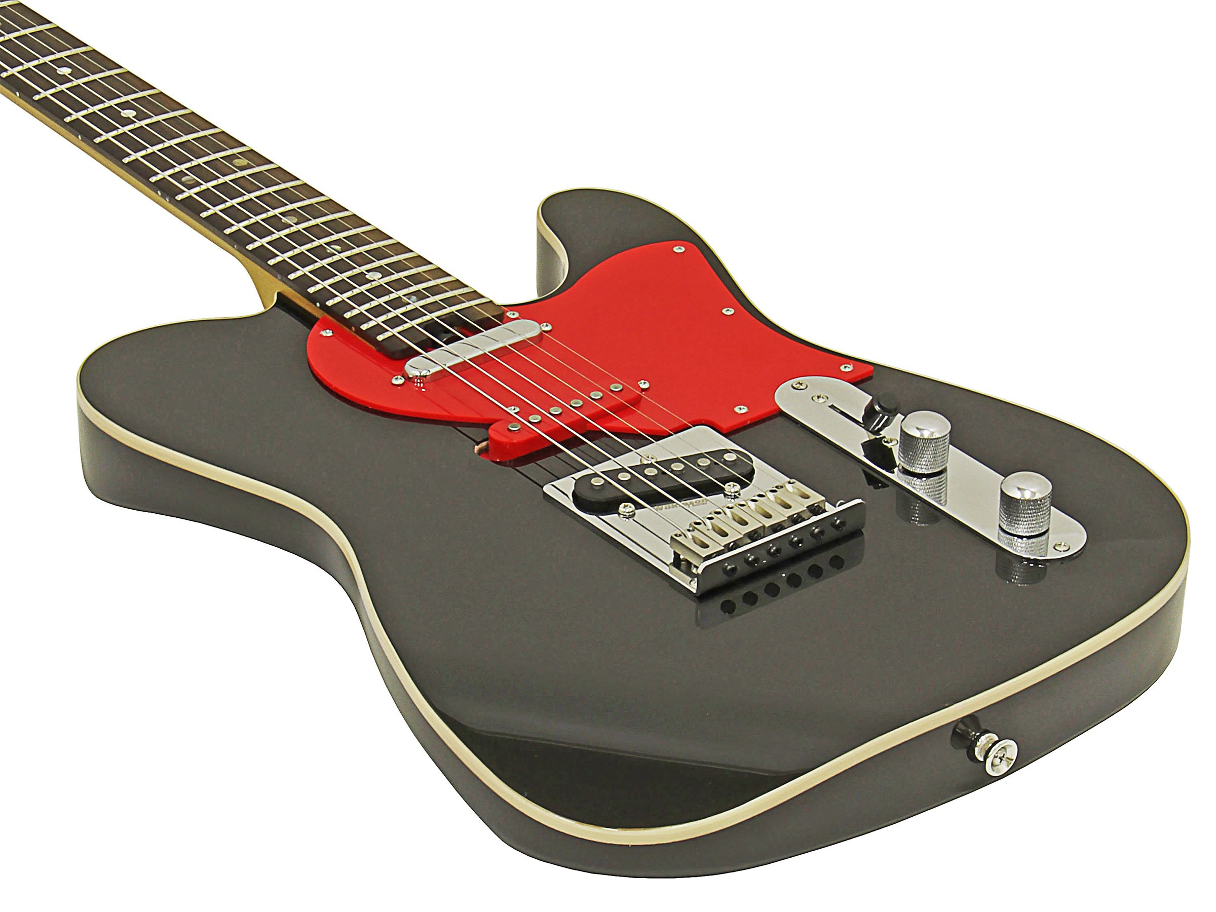 Kırmızı pena korumalı, krom donanımlı, siyah elektrik gitar ve boynu beyaz arka planda.