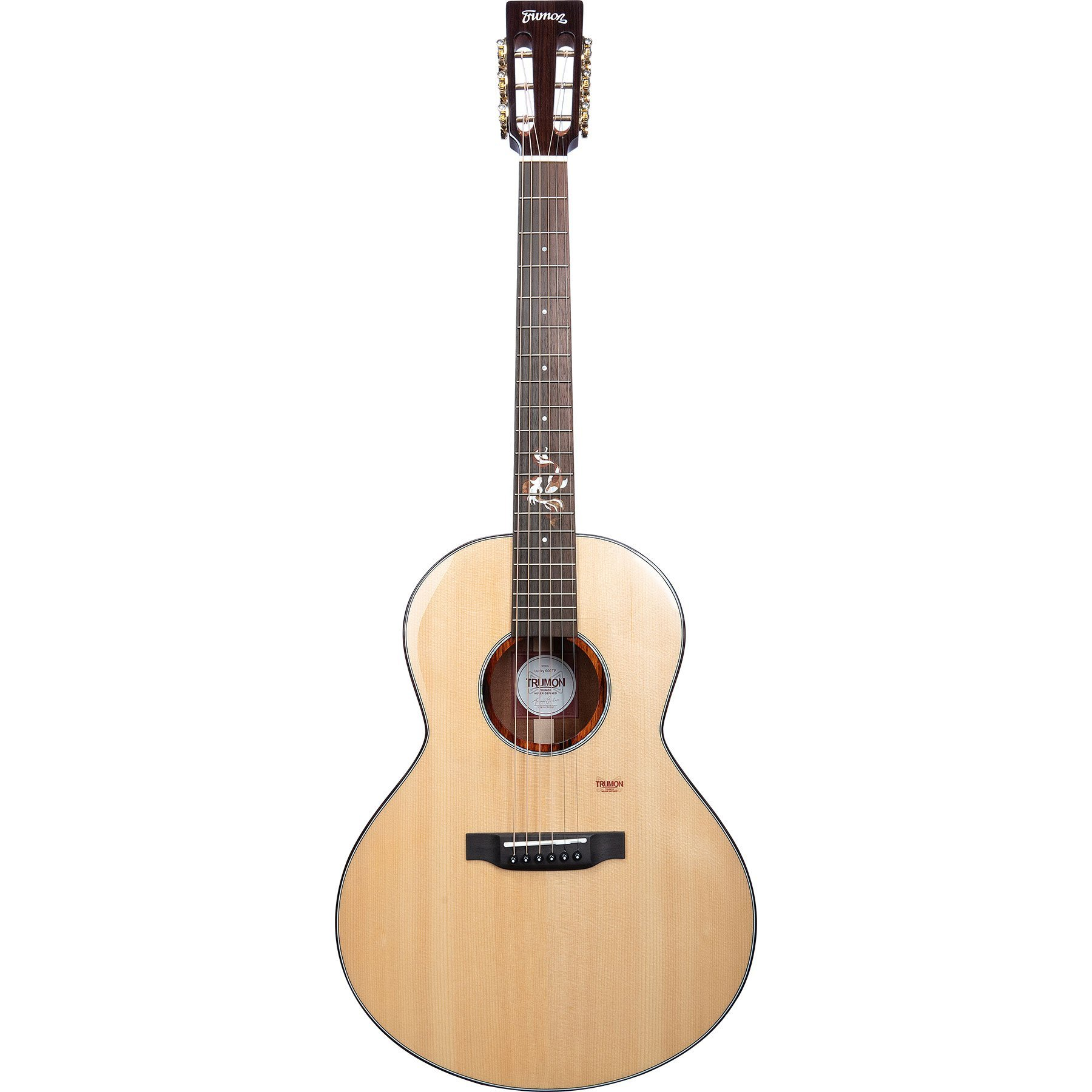 Koyu klavyeli ve gümüş burgulu açık renkli akustik gitar.