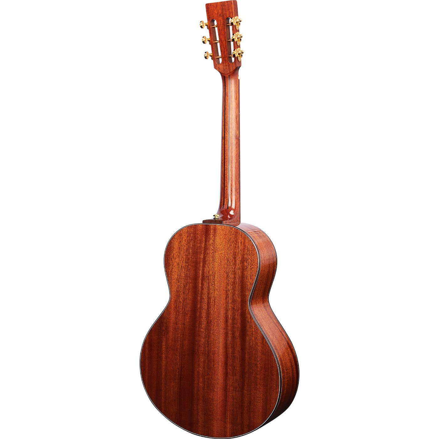 Beyaz arka plan üzerinde altın akort burgulu kahverengi akustik gitarın arka görünümü.