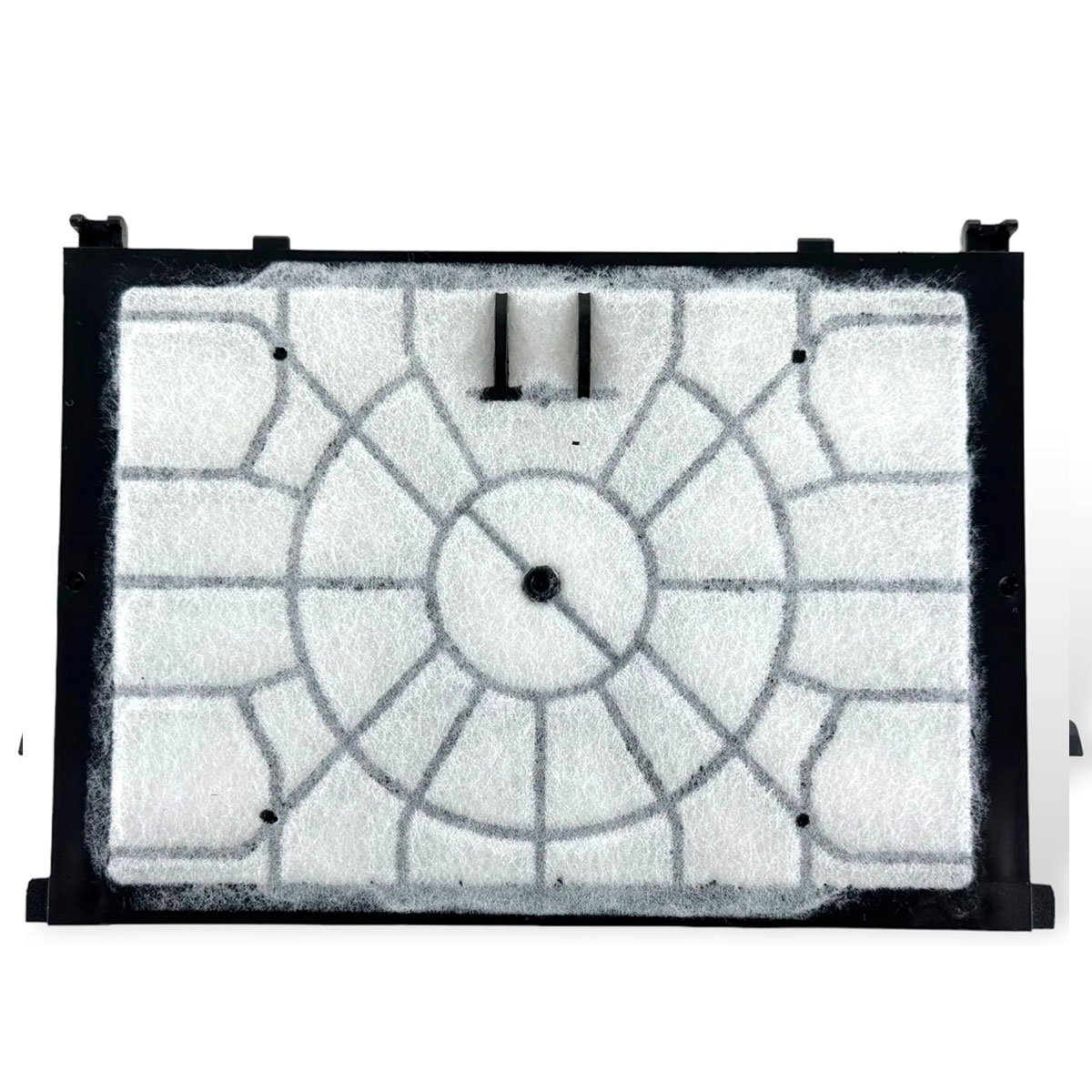 Un filtro bianco con cornice nera e motivo radiale.