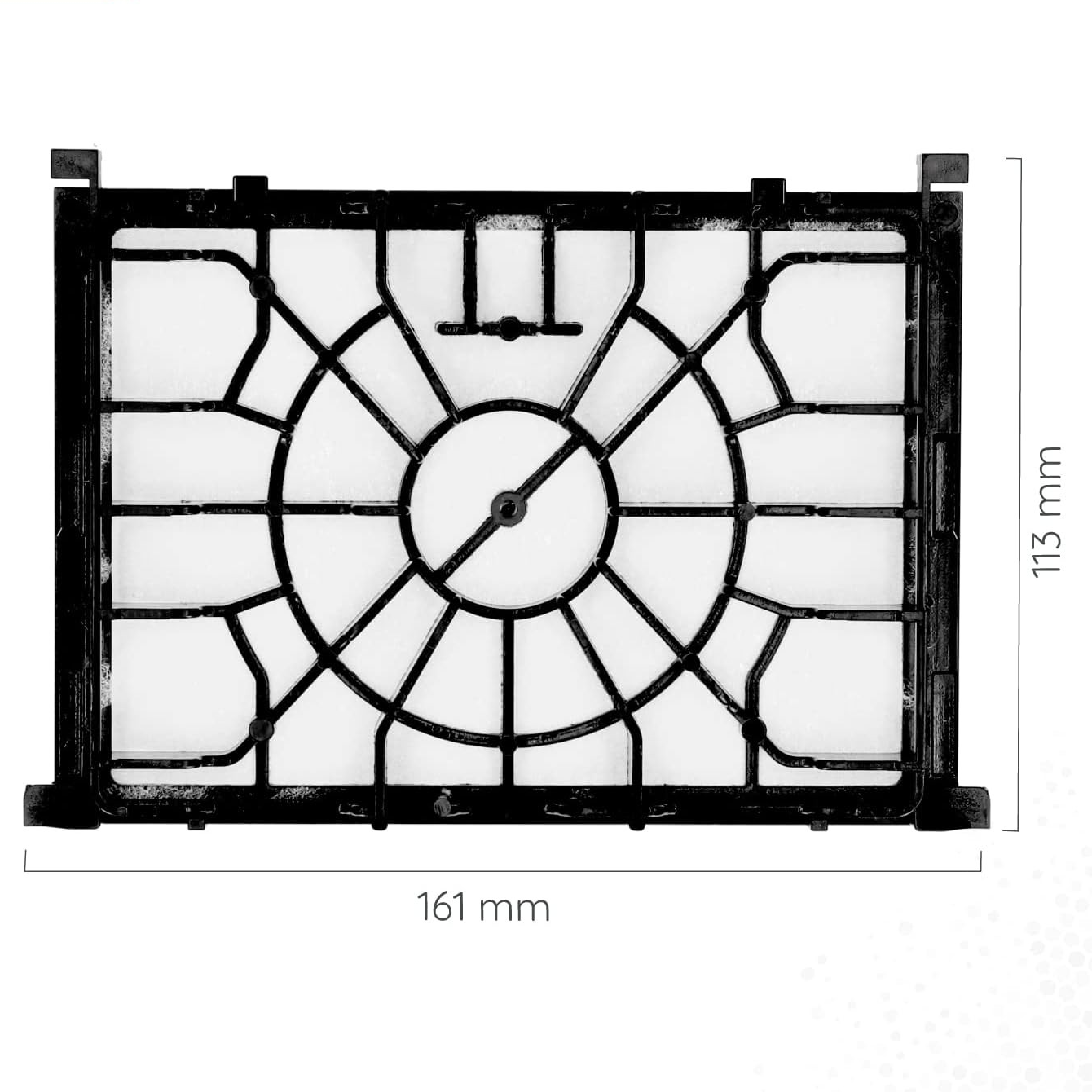 Una cornice nera rettangolare con un filtro bianco e un complesso motivo a griglia.