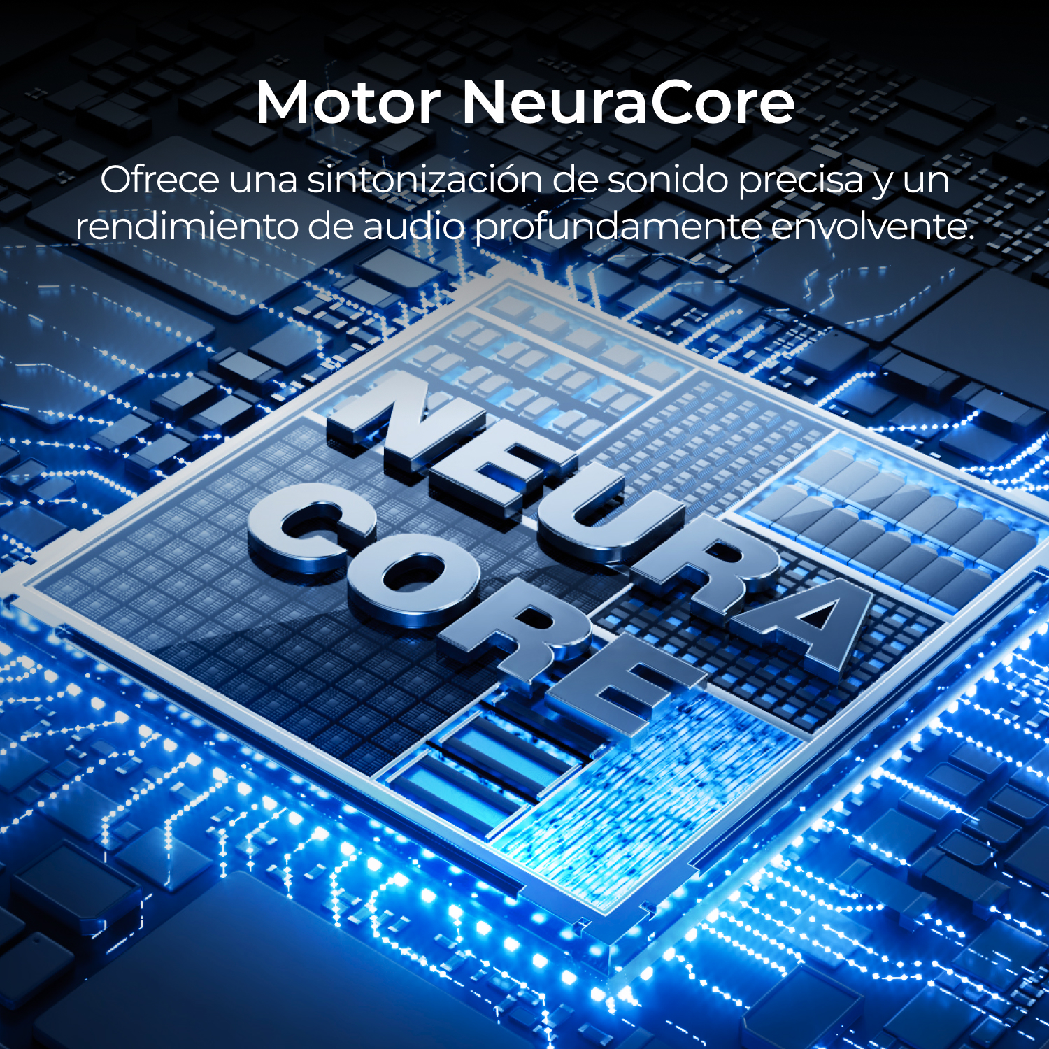 Placa de circuito abstracta con líneas azules brillantes y el texto NEURA CORE.