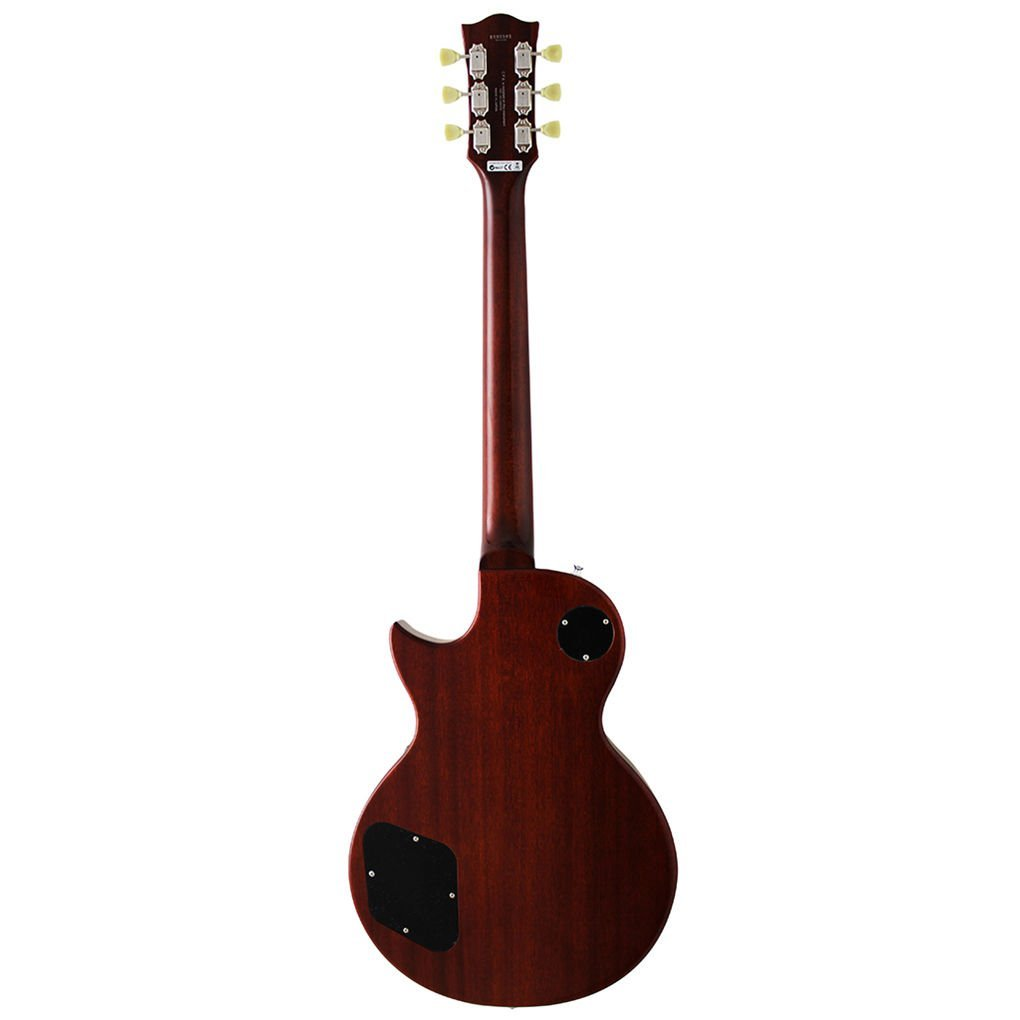 Gümüş burgulu, siyah kontrol kapaklı kahverengi elektro gitarın arka görünümü.