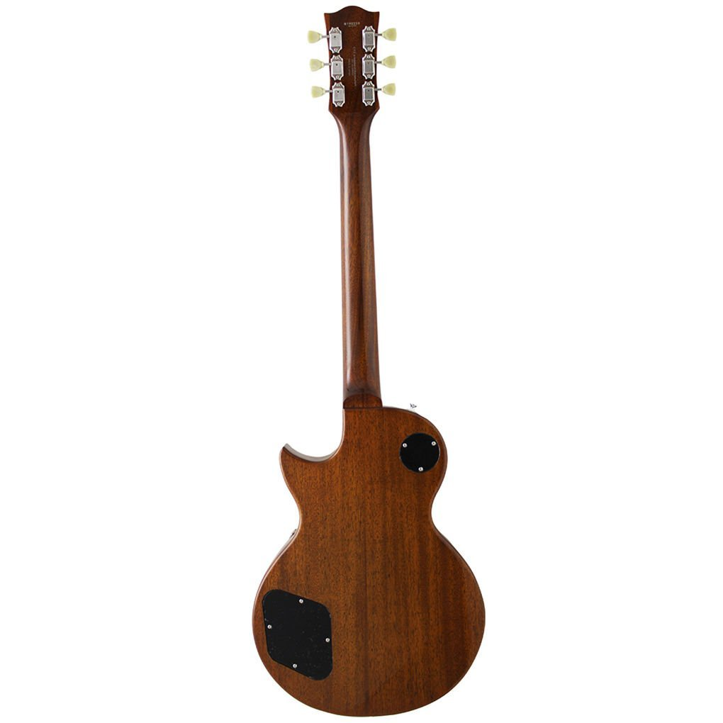 Ahşap saplı ve başlı kahverengi elektro gitarın arka görünümü, siyah manyetikler mevcut.