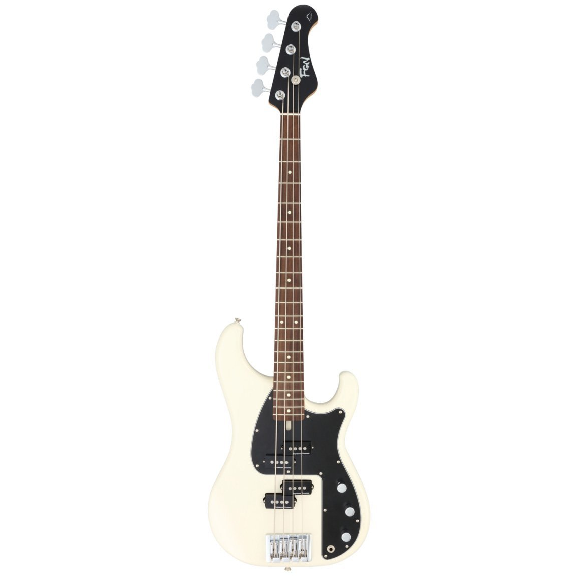 Siyah pena korumalı ve gümüş donanımlı beyaz elektro bas gitar.