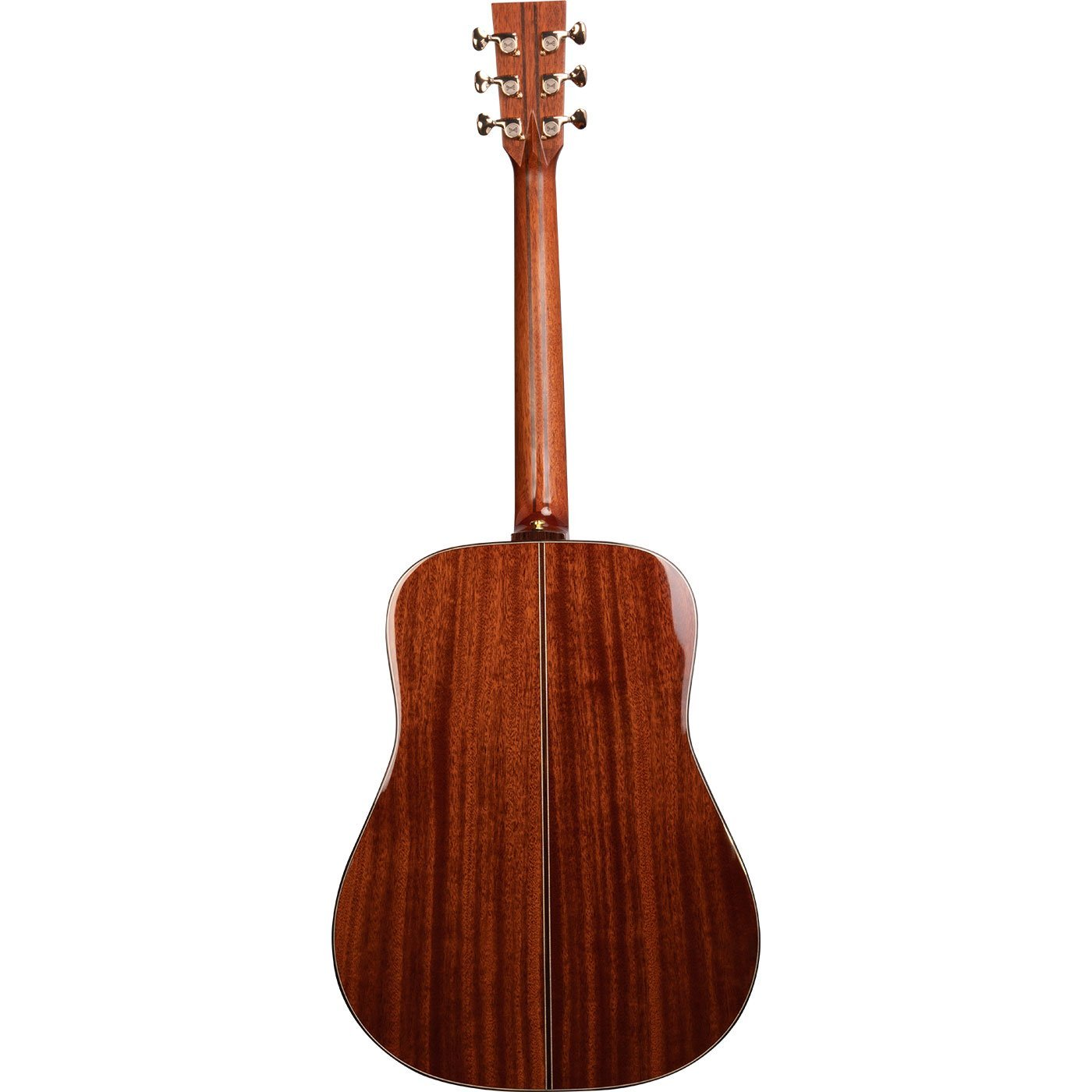 Altın burgulu maun akustik gitarın arka görünümü.