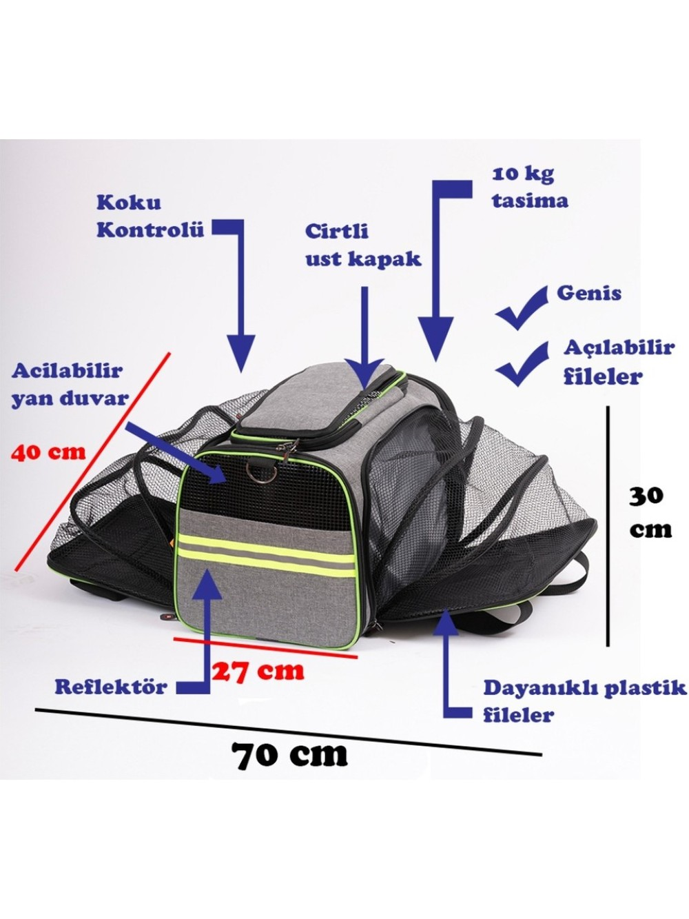 Yeşil detaylı gri evcil hayvan taşıma çantası, ölçüler 70x30x40cm, 10kg taşıma kapasitesi.