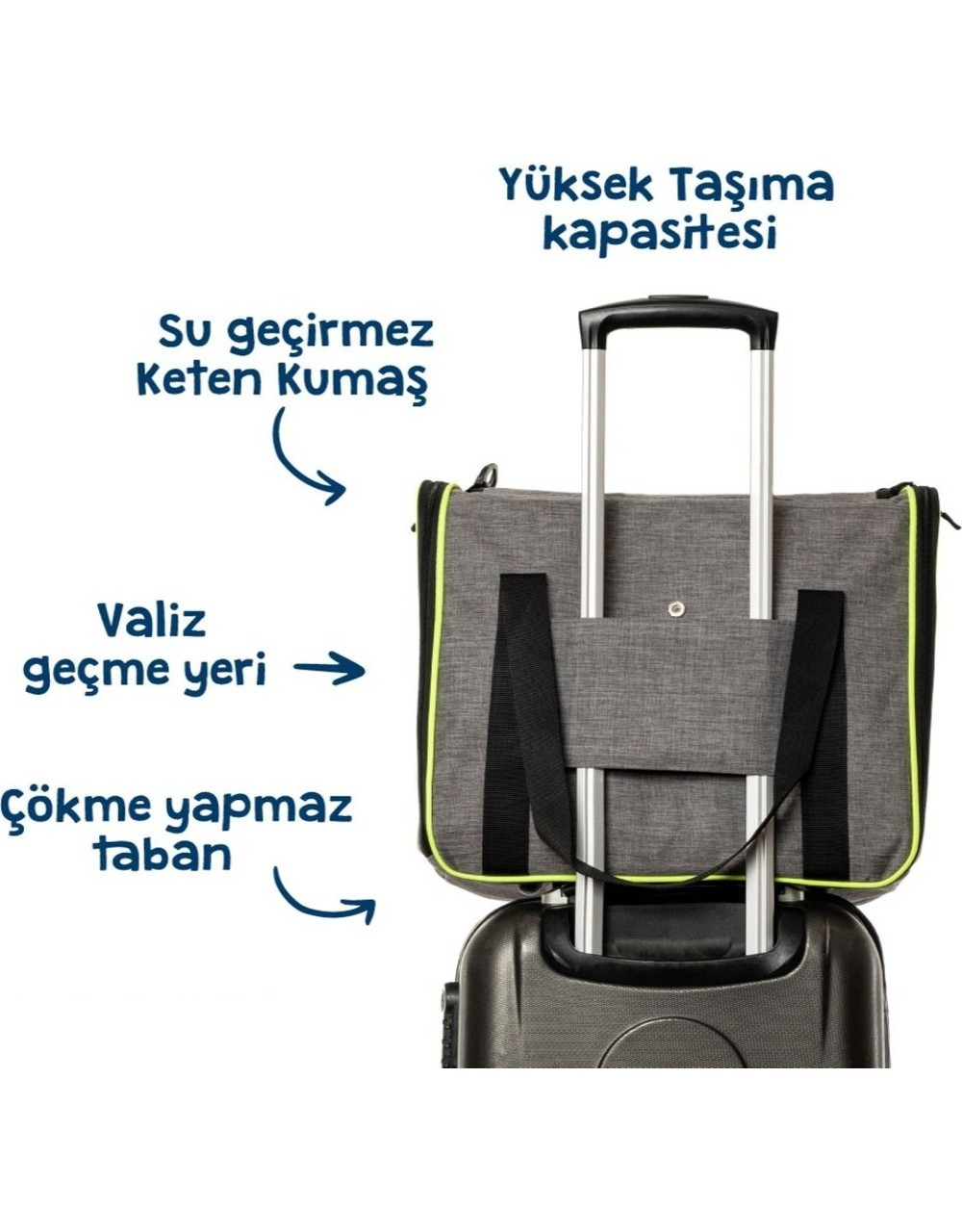 Valiz üzerinde askılı gri çanta. Türkçe etiketler.