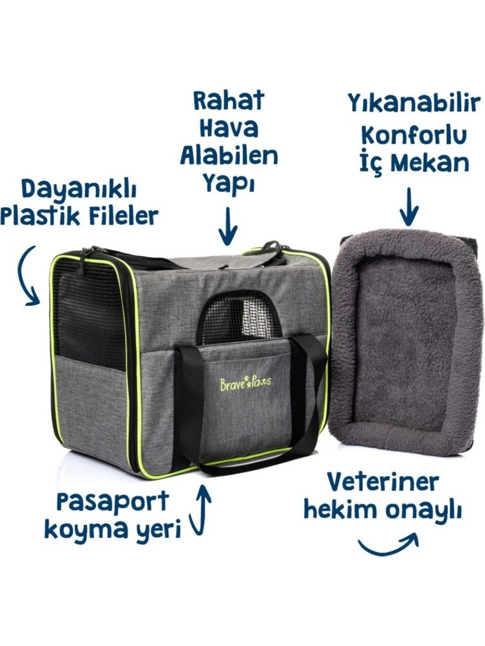Fileli ve yıkanabilir yastıklı gri evcil hayvan taşıma çantası. Dayanıklı plastik.