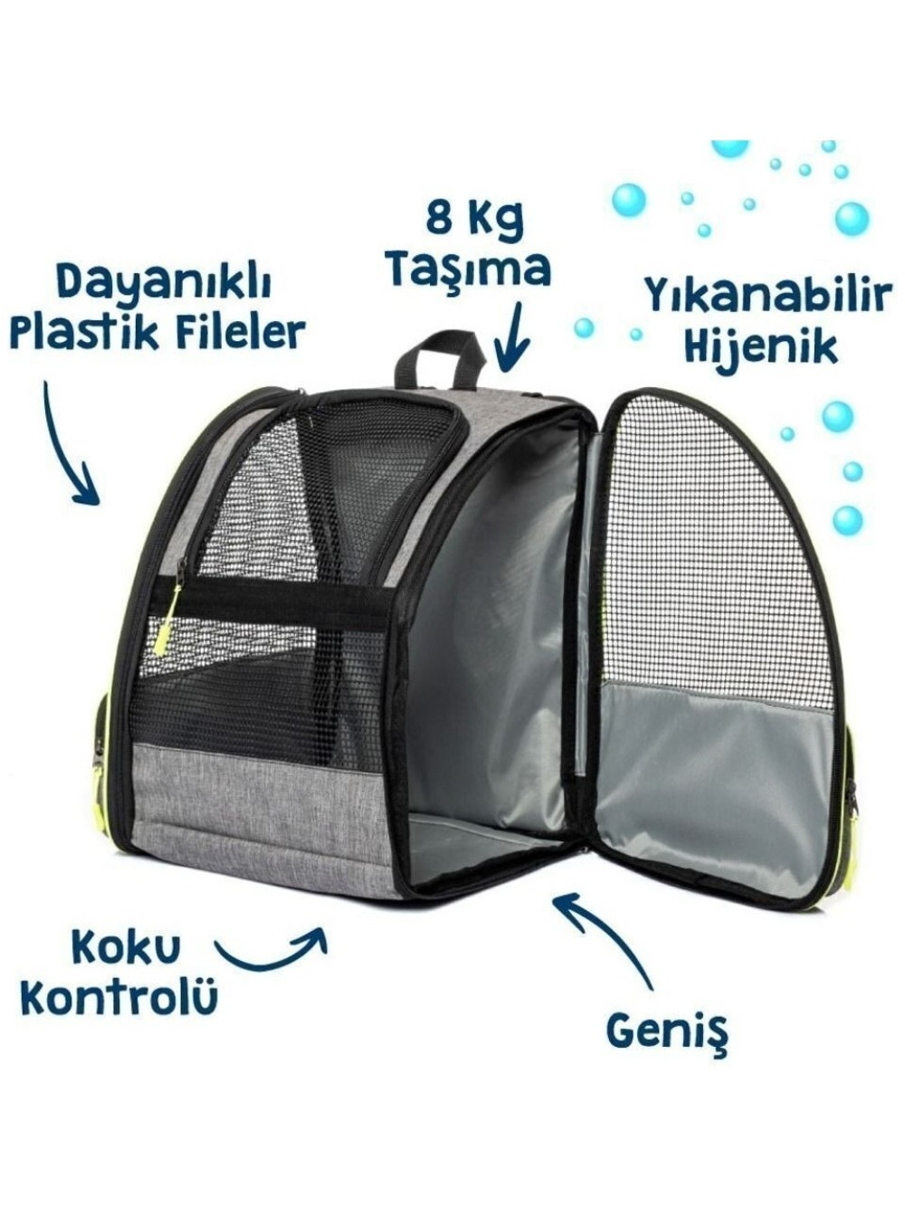 Fileli pencereli gri evcil hayvan taşıma çantası, 8 kg kapasiteli.
