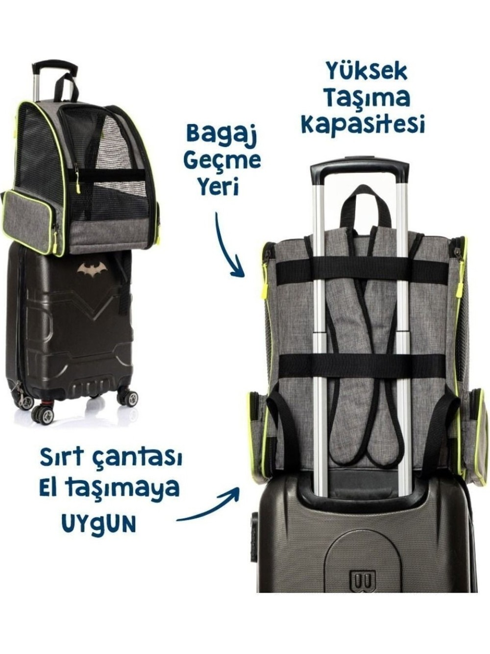 Bagaj geçirme yeri ve yüksek taşıma kapasiteli gri evcil hayvan sırt çantası, siyah valiz üzerinde.