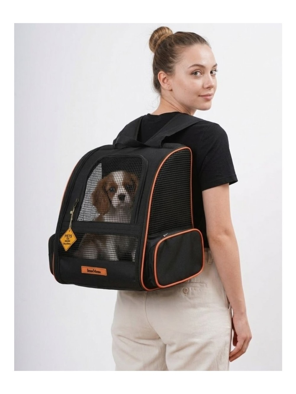 İçinde köpek olan siyah sırt çantası takan kadın. Beyaz arka plan.