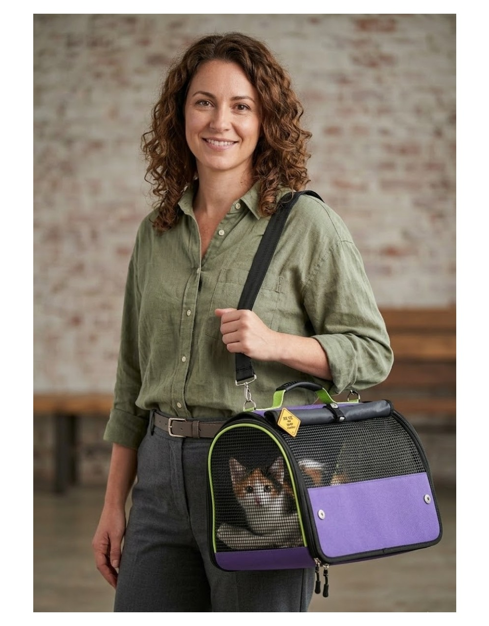 Kıvırcık saçlı kadın yeşil gömlek ve gri pantolon giyiyor. Mor ve siyah kedi taşıma çantası taşıyor.
