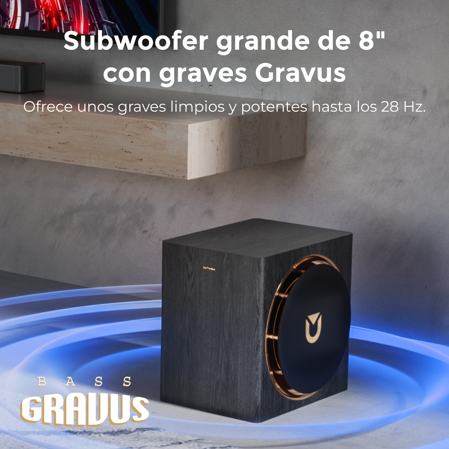 Subwoofer negro con borde dorado y efectos de luz azul.