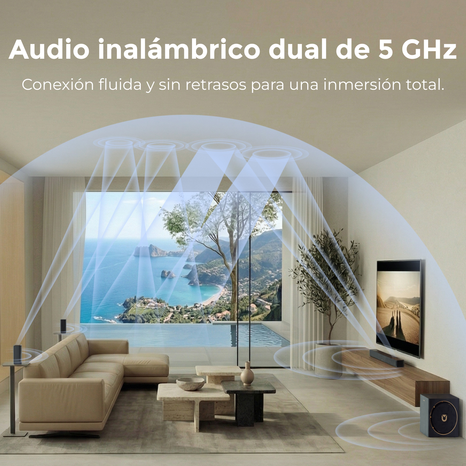 Sala con sofá, TV y altavoces frente a un paisaje marino.