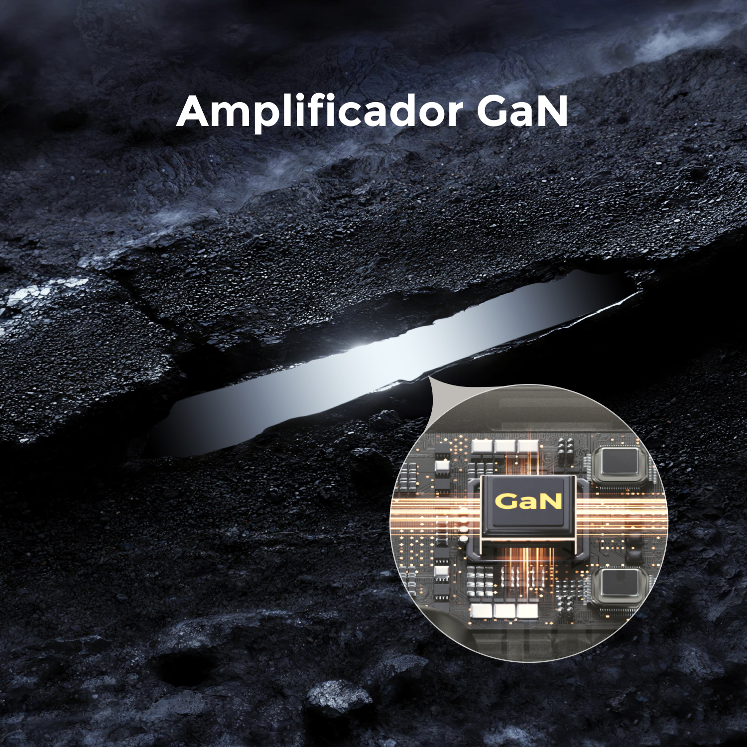 Superficie oscura y agrietada con un chip GaN brillante en una placa de circuito.