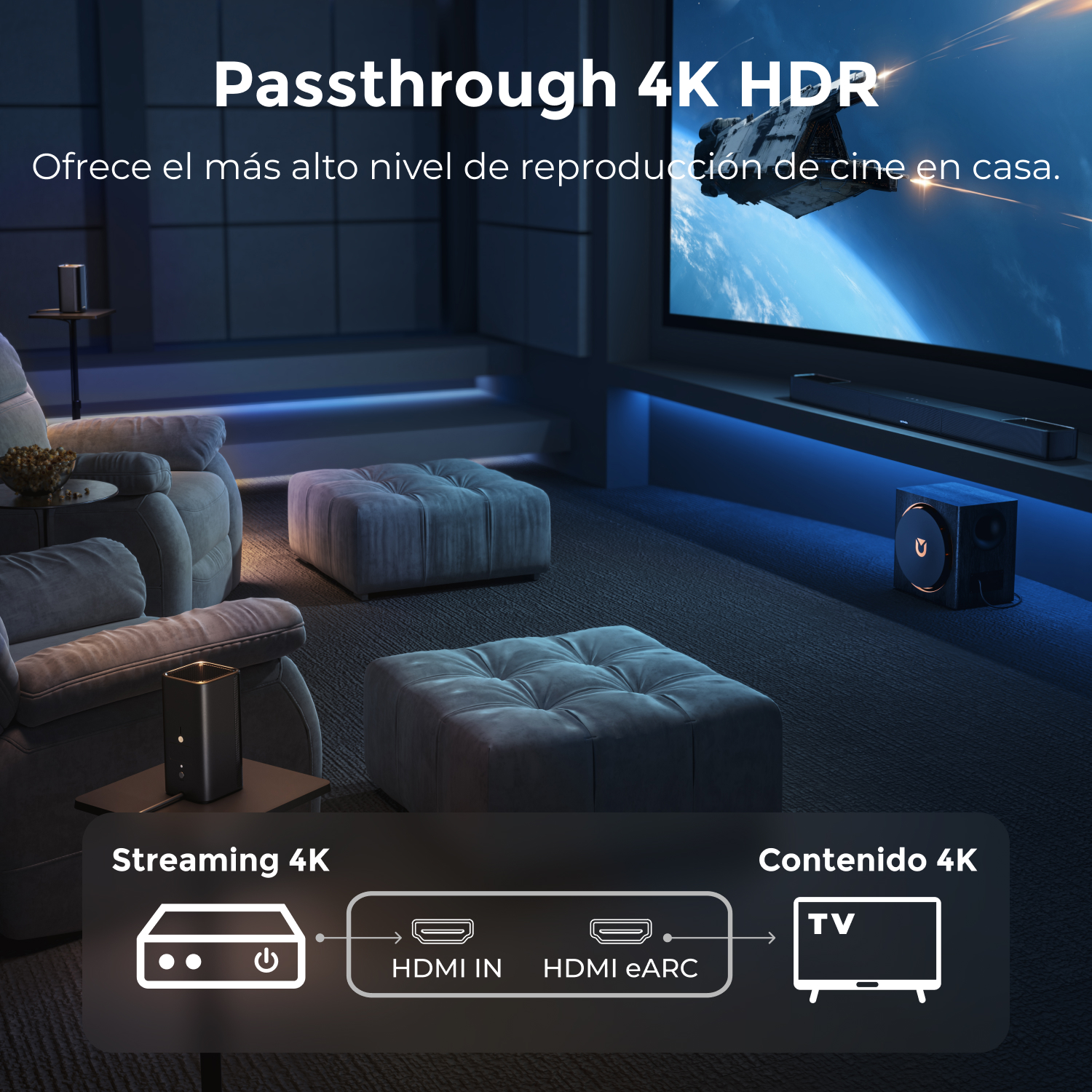 Cine en casa con 4K HDR: Un streamer se conecta vía HDMI a un TV.