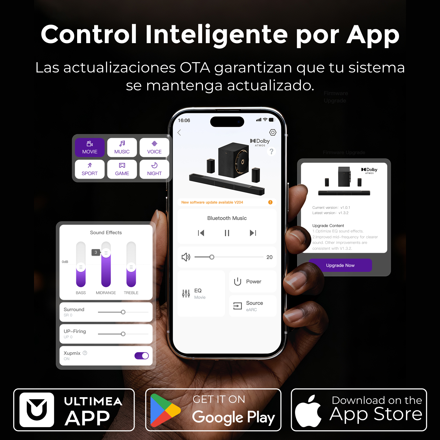 Un smartphone muestra una app con ajustes de audio e imágenes de altavoces.