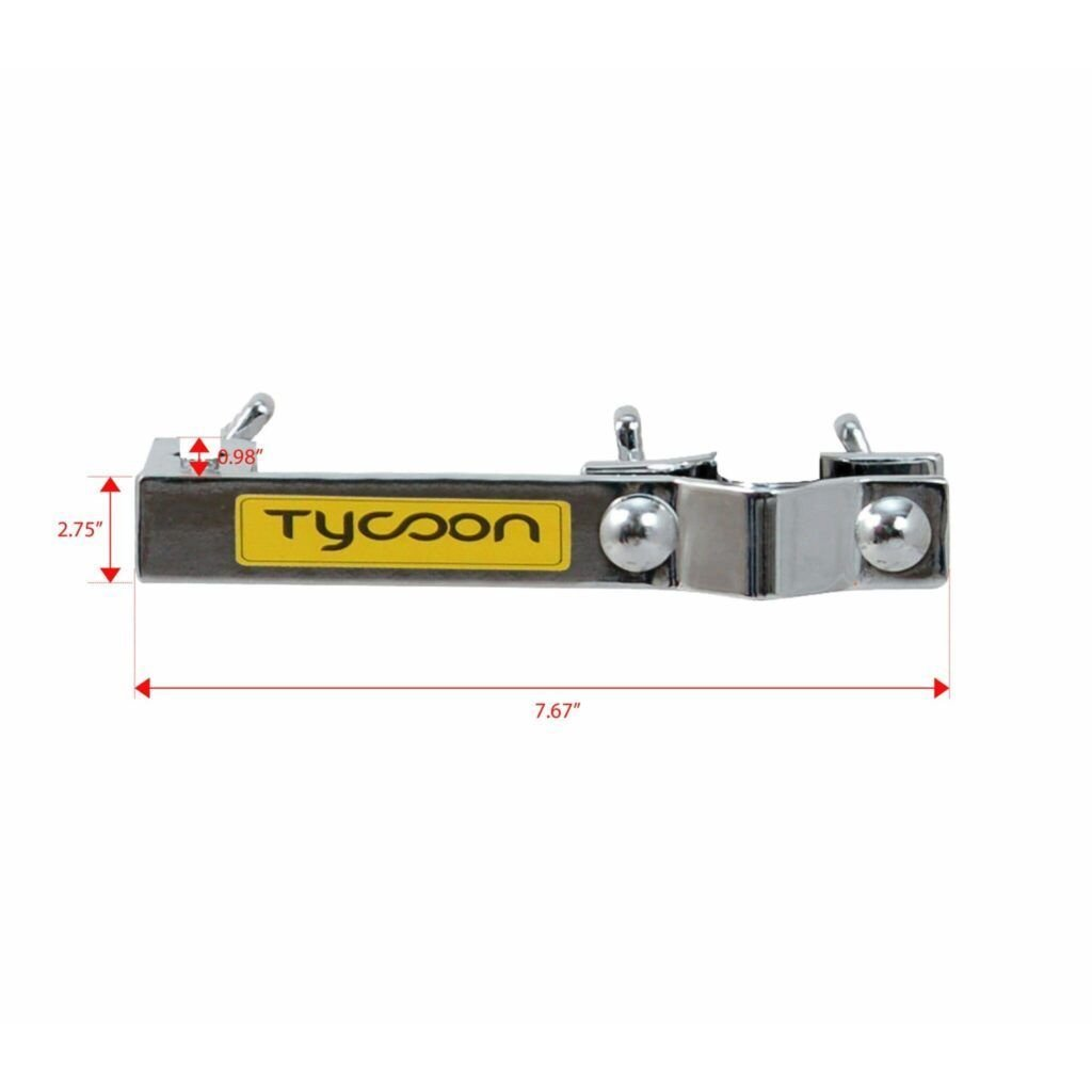 Sarı 'TYCOON' etiketli gümüş metal cihaz. Ölçüler gösterilmiştir.
