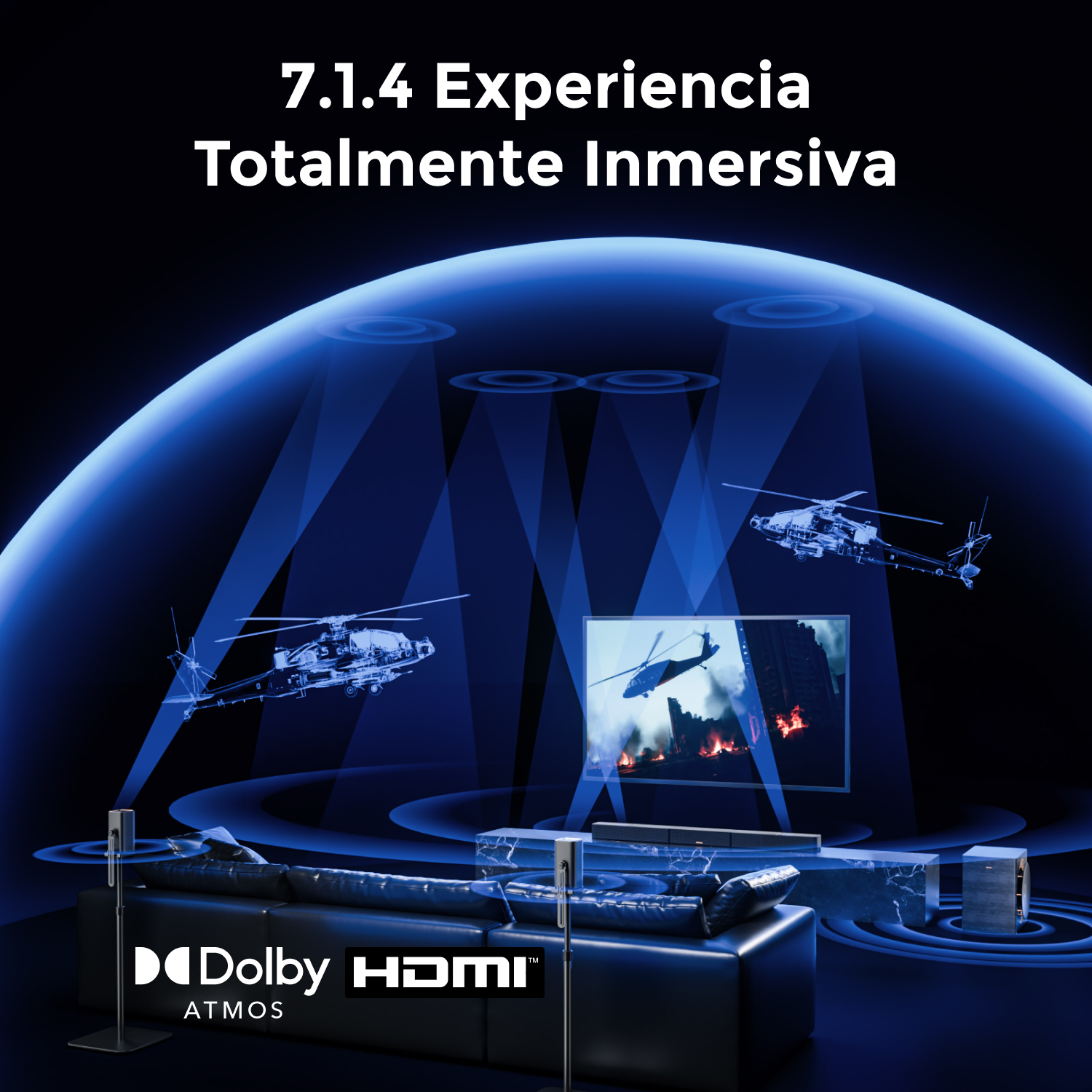 Representación 3D de una sala con Dolby Atmos, 3 helicópteros y TV.