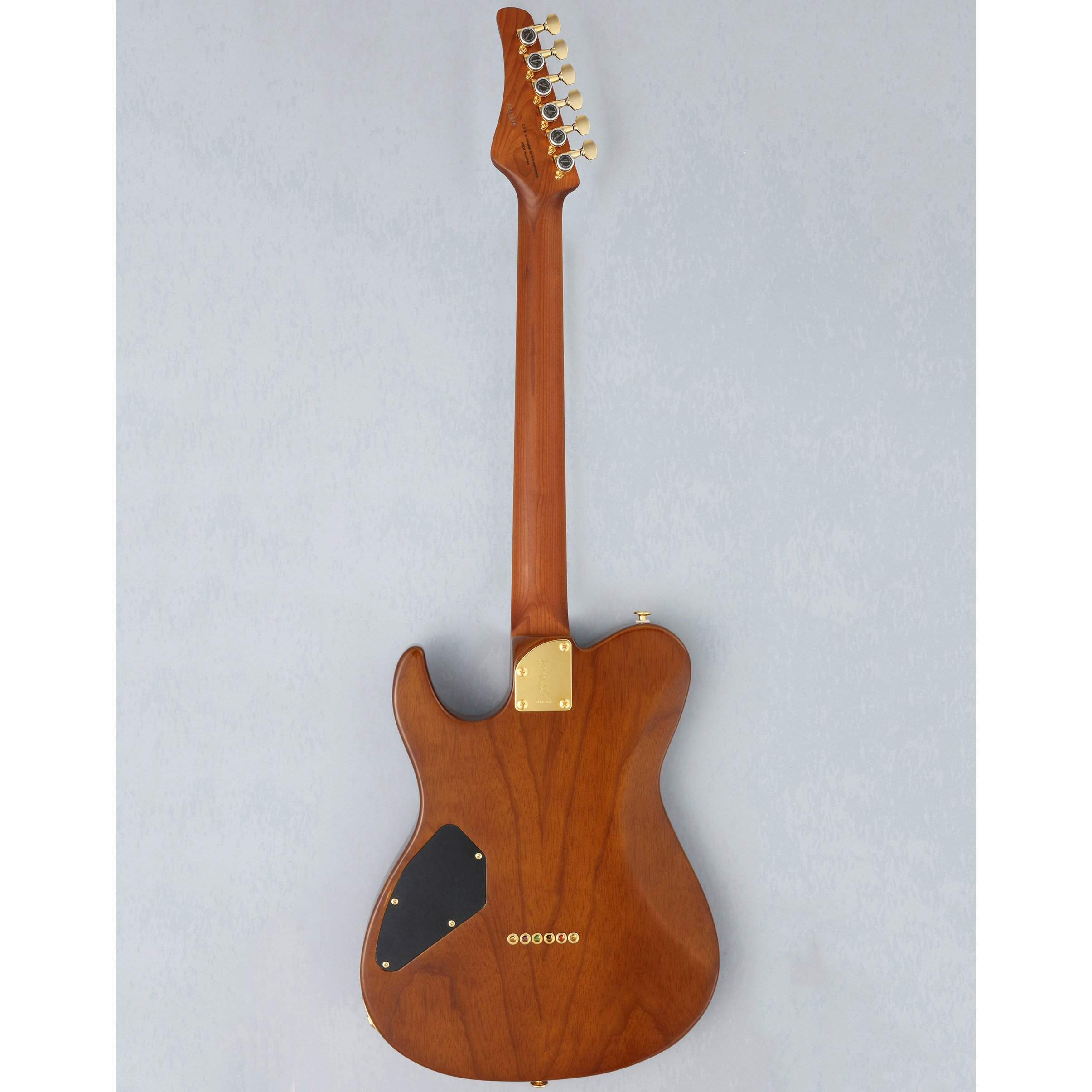 Altın akort burguları ve donanımı olan kahverengi elektro gitarın arka görünümü.