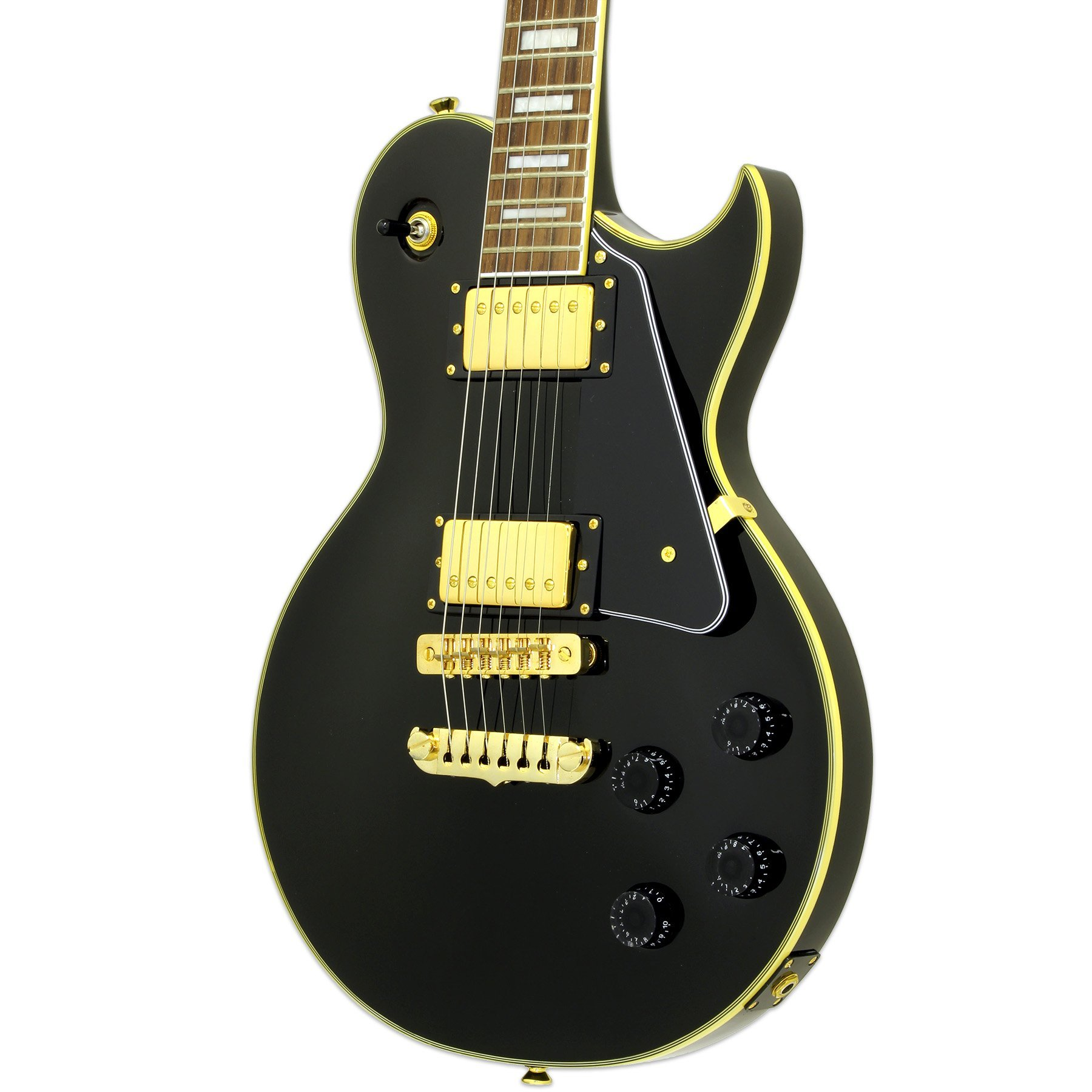 Altın donanımlı, beyaz pena korumalı ve kehribar kenarlı siyah elektro gitar.