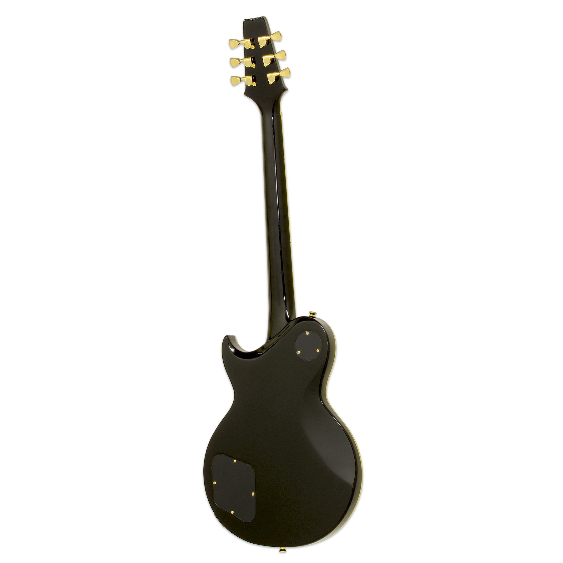 Siyah elektro gitar, altın akort burguları, arkadan görünüm.